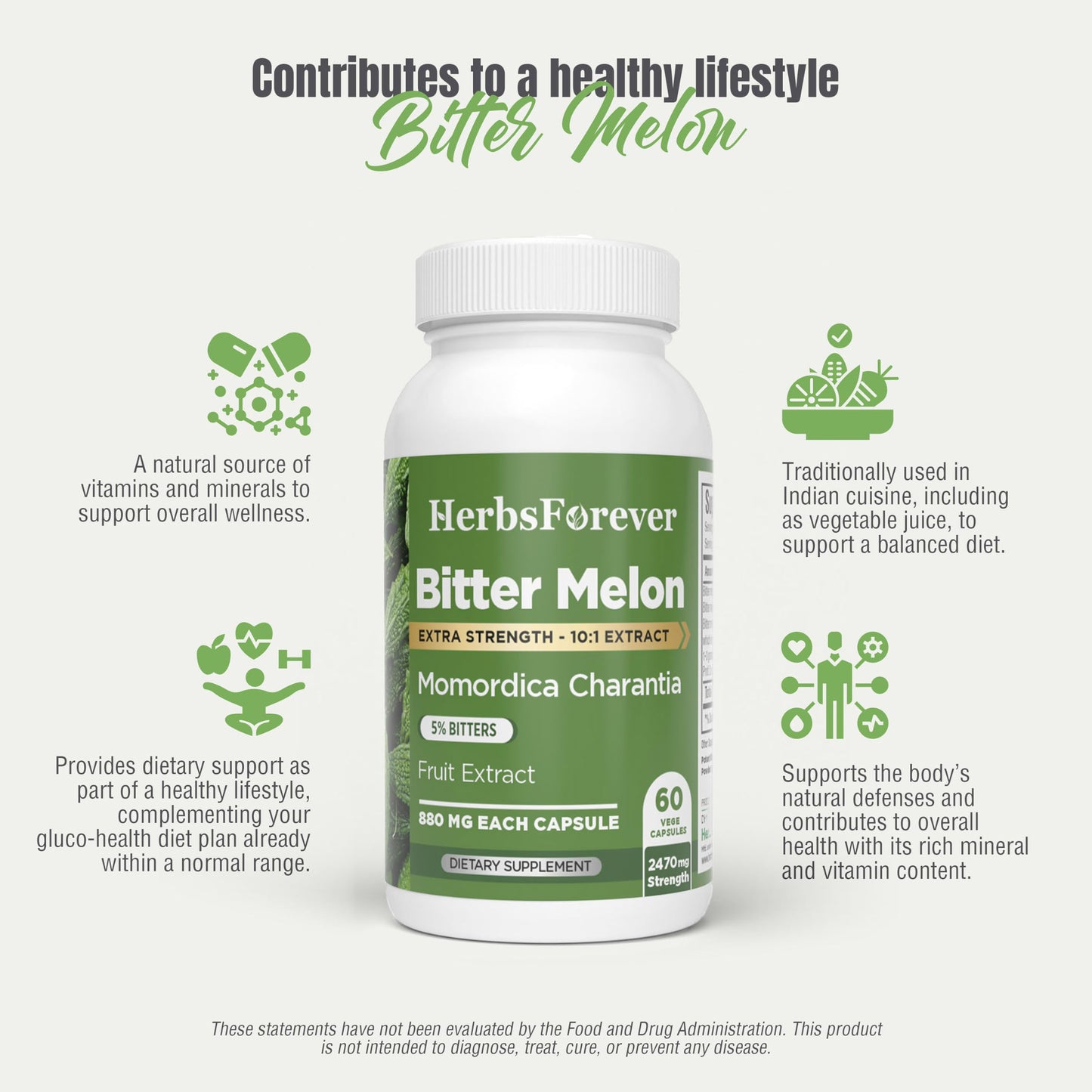 HerbsForever Bittermelon/Gourd Extra Strength 10:1 Extract, 4250 mg Fruit Powder Equivalent per Serving, 60 Capsules