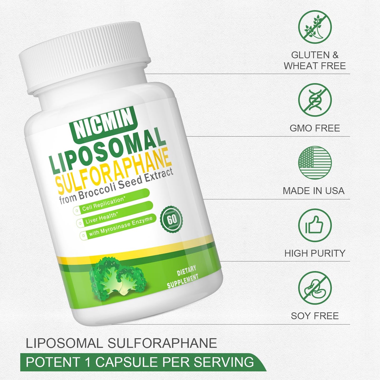 NICMIN Liposomal Sulforaphane from Broccoli Sprouts + Broccoli Seed, Organic, 550mg, with 250mg Glucoraphanin, Capsule, 120 Capsules (Pack of 2)