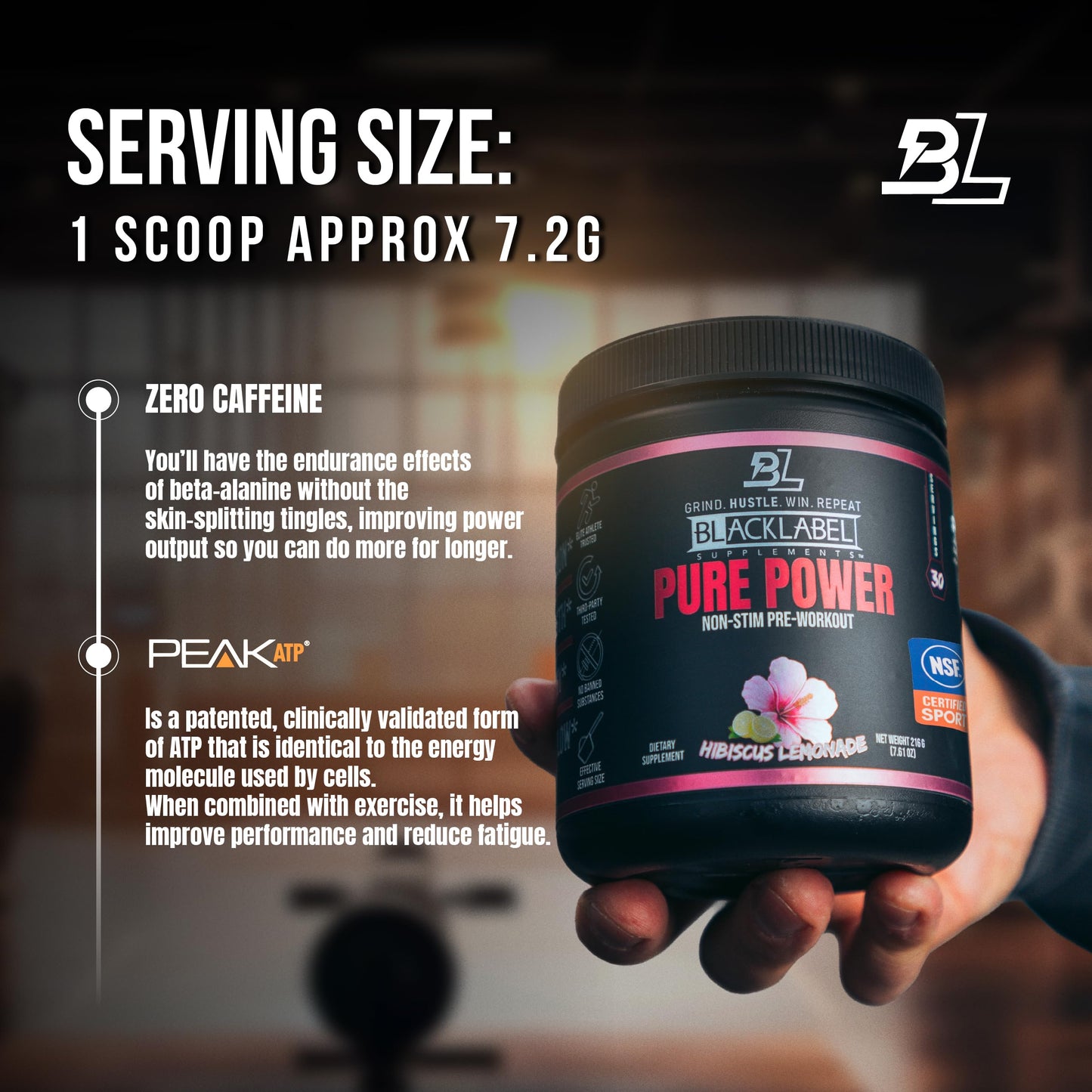 BLACKLABEL Supplements Pure Power NSF Certified for Sport Pre-Workout Hibiscus Lemonade Powder 7.65 Ounce