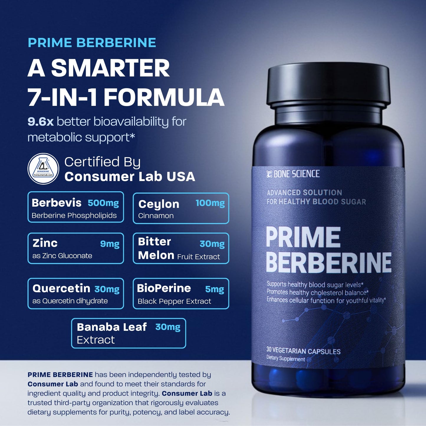 BONE SCIENCE Prime Berberine Phytosome with Berbevis and BioPerine, Metabolic Wellness Support with Ceylon Cinnamon, Banaba, Bitter Melon and Quercetin, Capsule, 30 Count