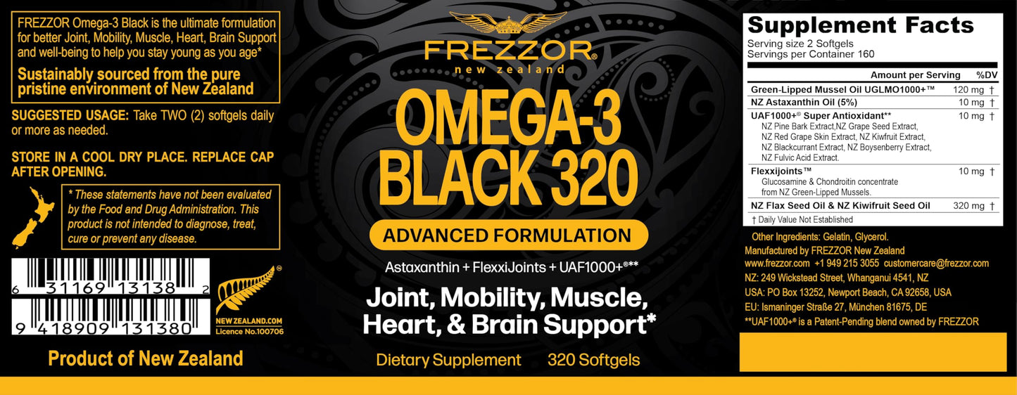 FREZZOR Omega 3 Black - Green Lipped Mussel Oil Softgel, 320 Count