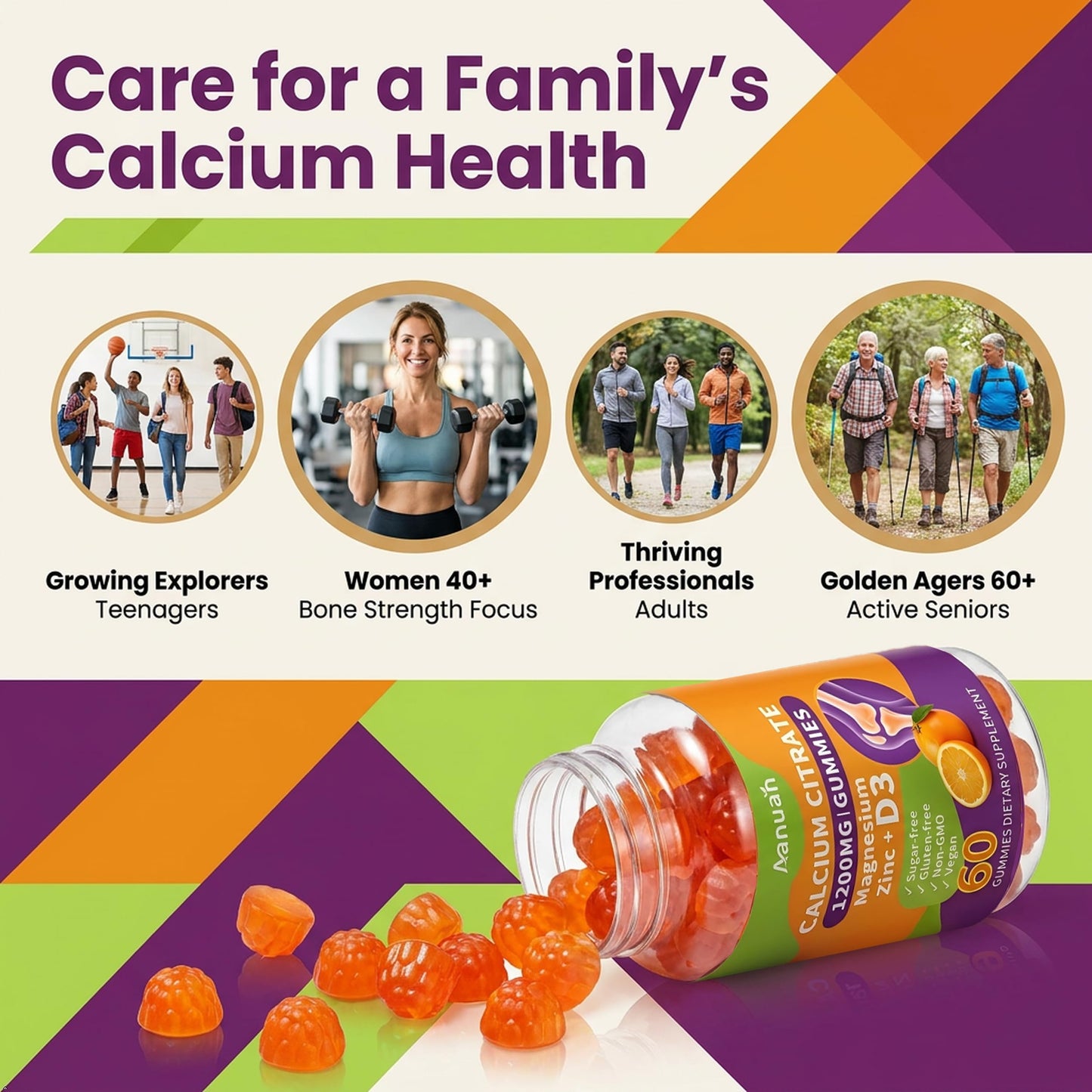 Aanuan Calcium Citrate 600-1200mg Magnesium Zinc D3 Gummies, 120 Gummies