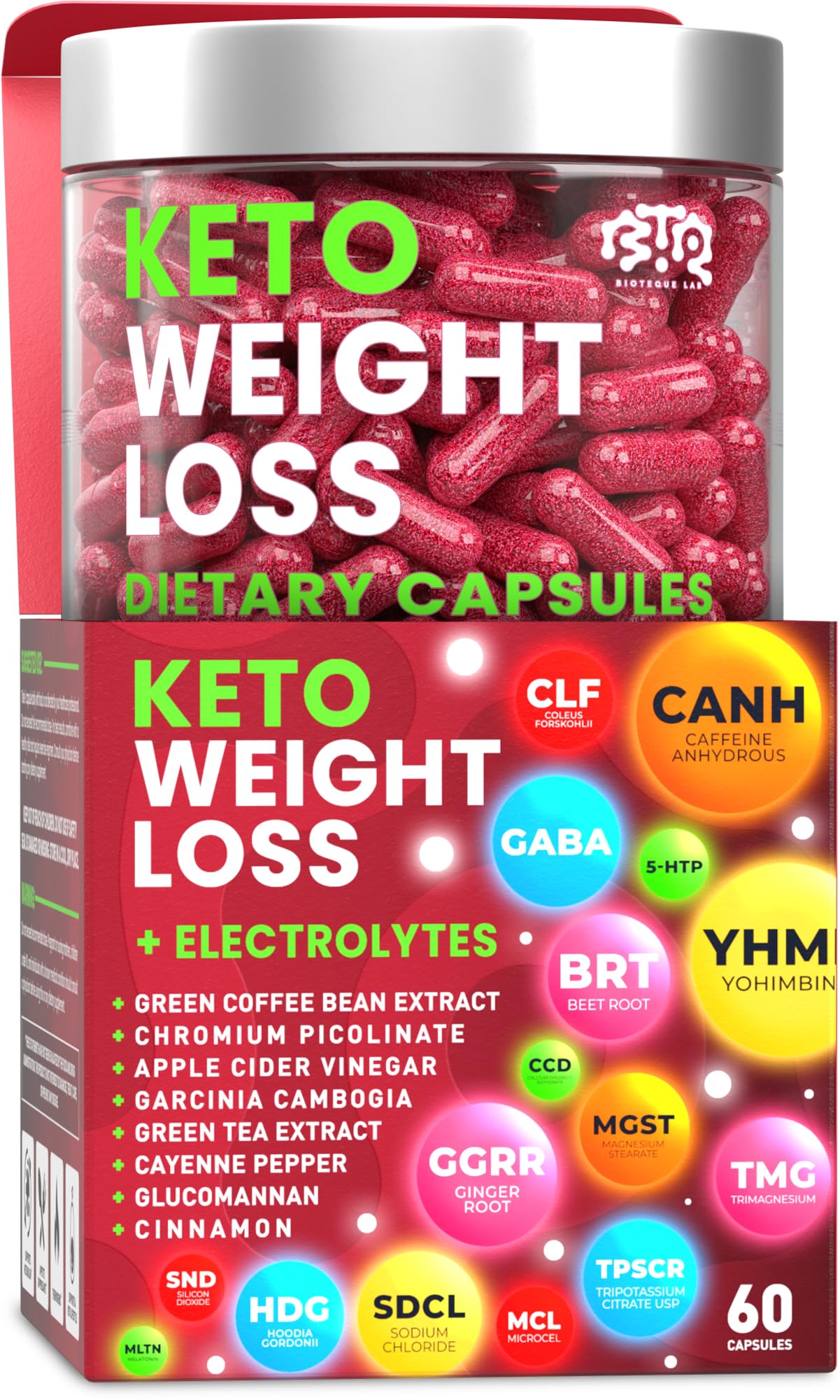BIOTEQUELAB Keto Weight Loss Diet Pills Natural Appetite Suppressant Fat Burner with Apple Cider and Green Coffee Bean Extract, Capsule, 60 Count