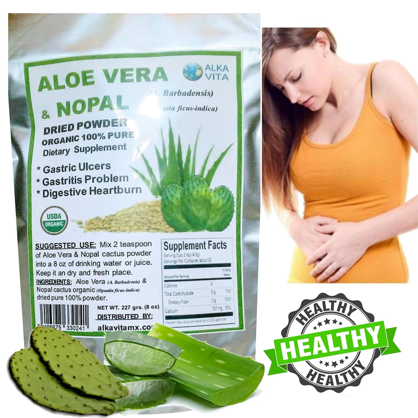 Generic Aloe Vera & Nopal Cactus Pure 100% Organic Vegan Dried Powder Digestive System Health, 8 Ounce