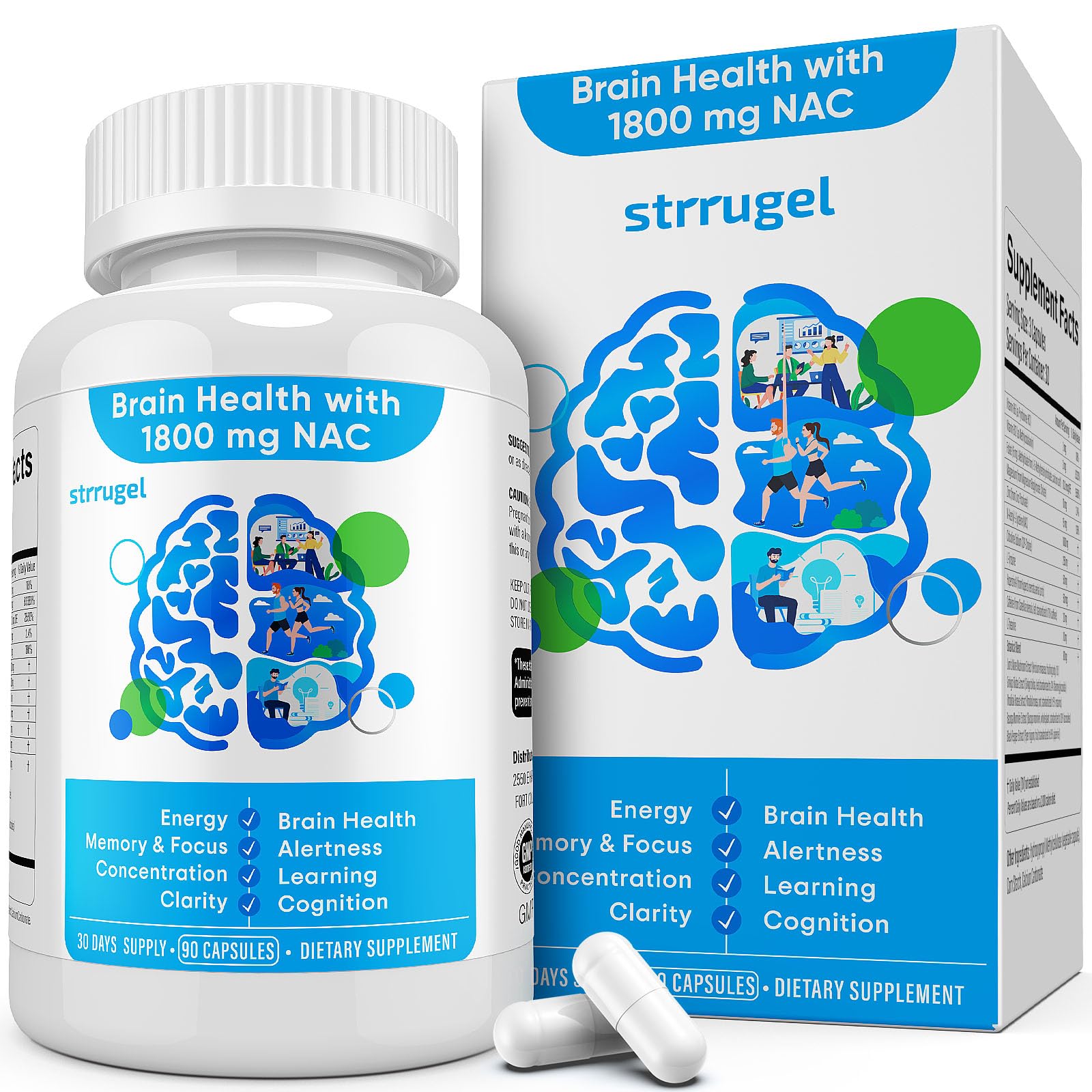 strrugel NAC Brain Supplement 1800mg – N-Acetyl Cysteine with CDP-Choline, Lion’s Mane, Rhodiola & L-Theanine – Focus, Memory & Cognitive Support Capsules, 90 Count