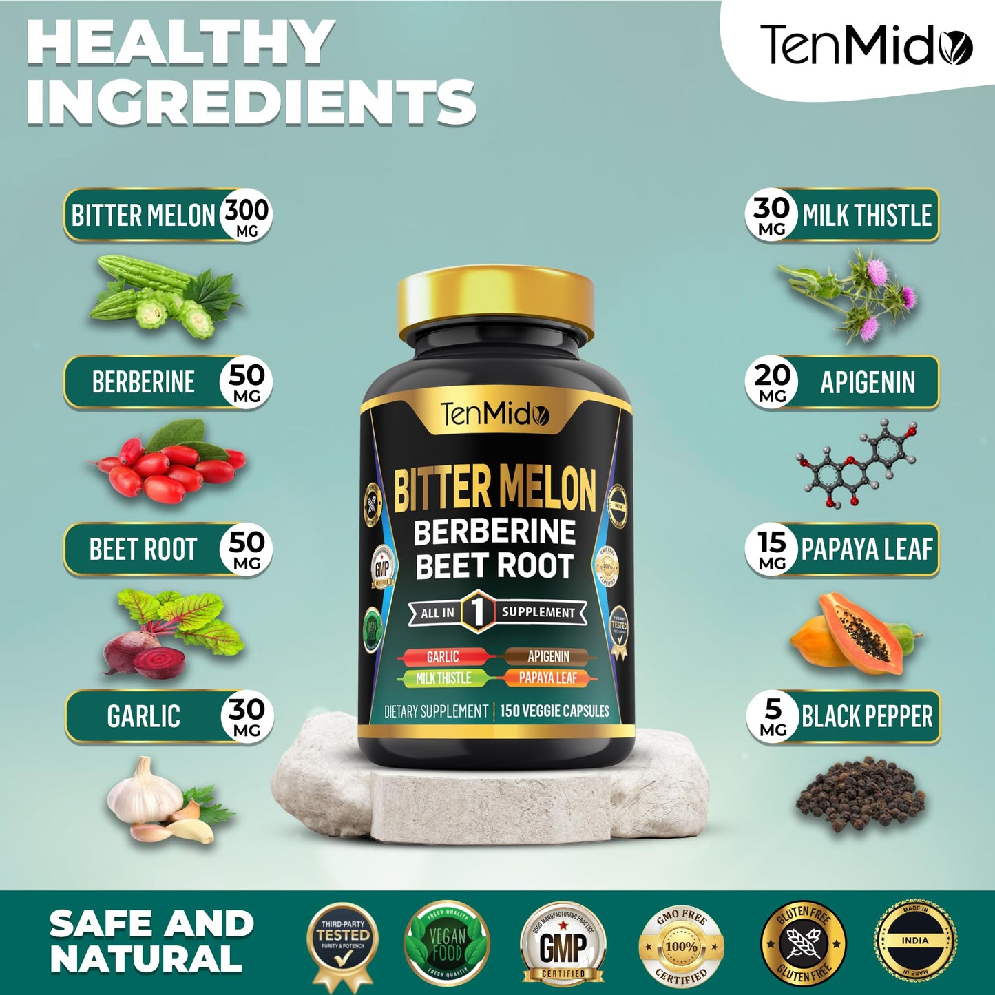 Tenmido Bitter Melon Capsules 150 Count