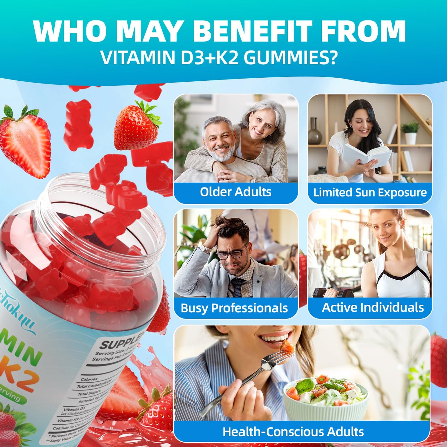Mchokuu Vitamin D3 K2 Gummies with Calcium – Bone & Immune Support, 60 Gummies