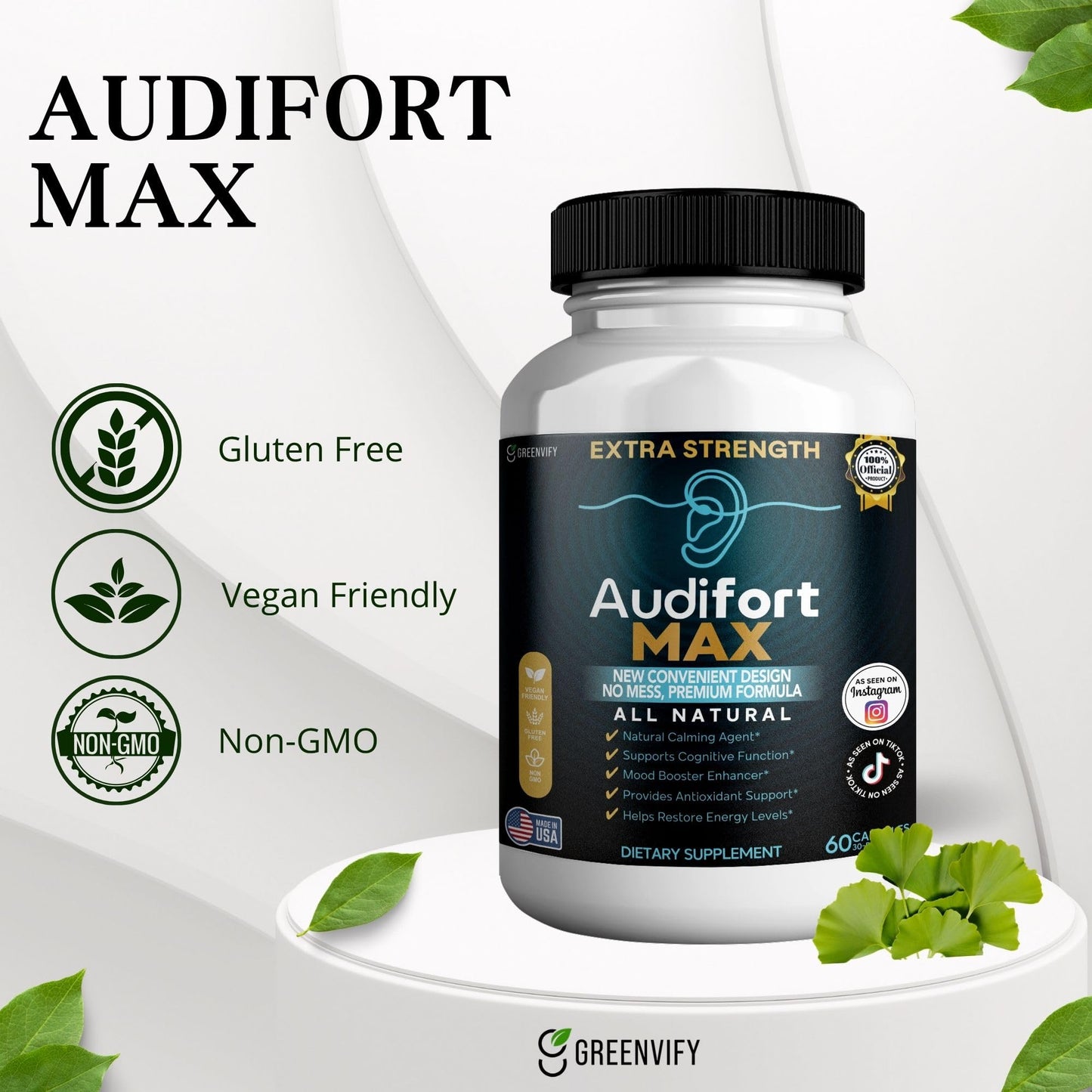 GREENVIFY Audifort MAX Dietary Supplement All Natural with Ginkgo and Red Asian Ginseng, 60 Capsules