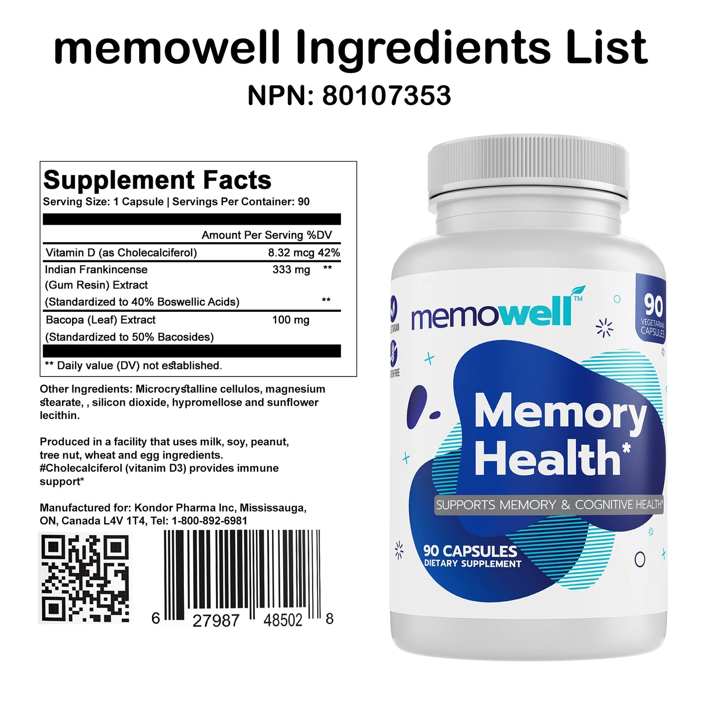 Memowell Brain Supplement Advanced Memory Formula for Brain Health, 90 Capsules