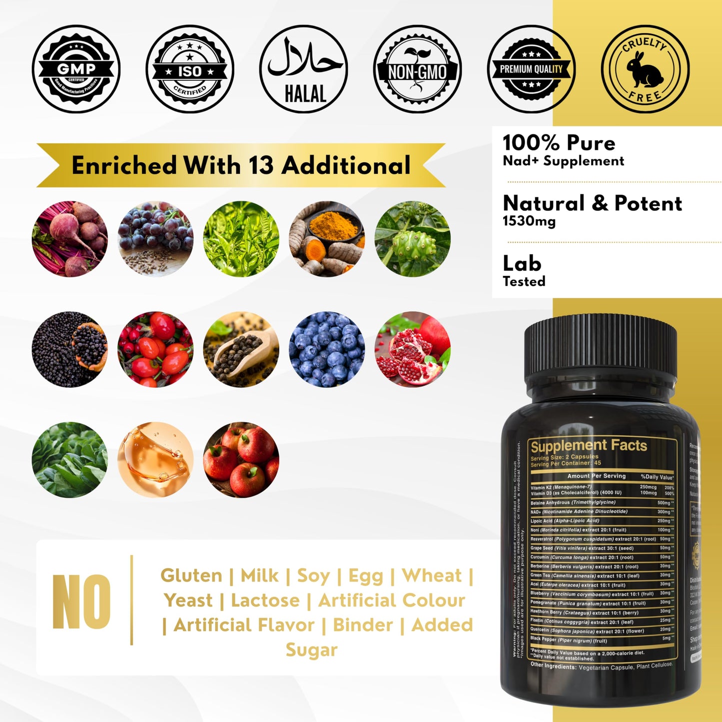 Bloofah NAD+ Supplement 1530mg Nicotinamide Riboside with Resveratrol 18-in-1 Herbal + Green Tea Capsule, 90 Capsules