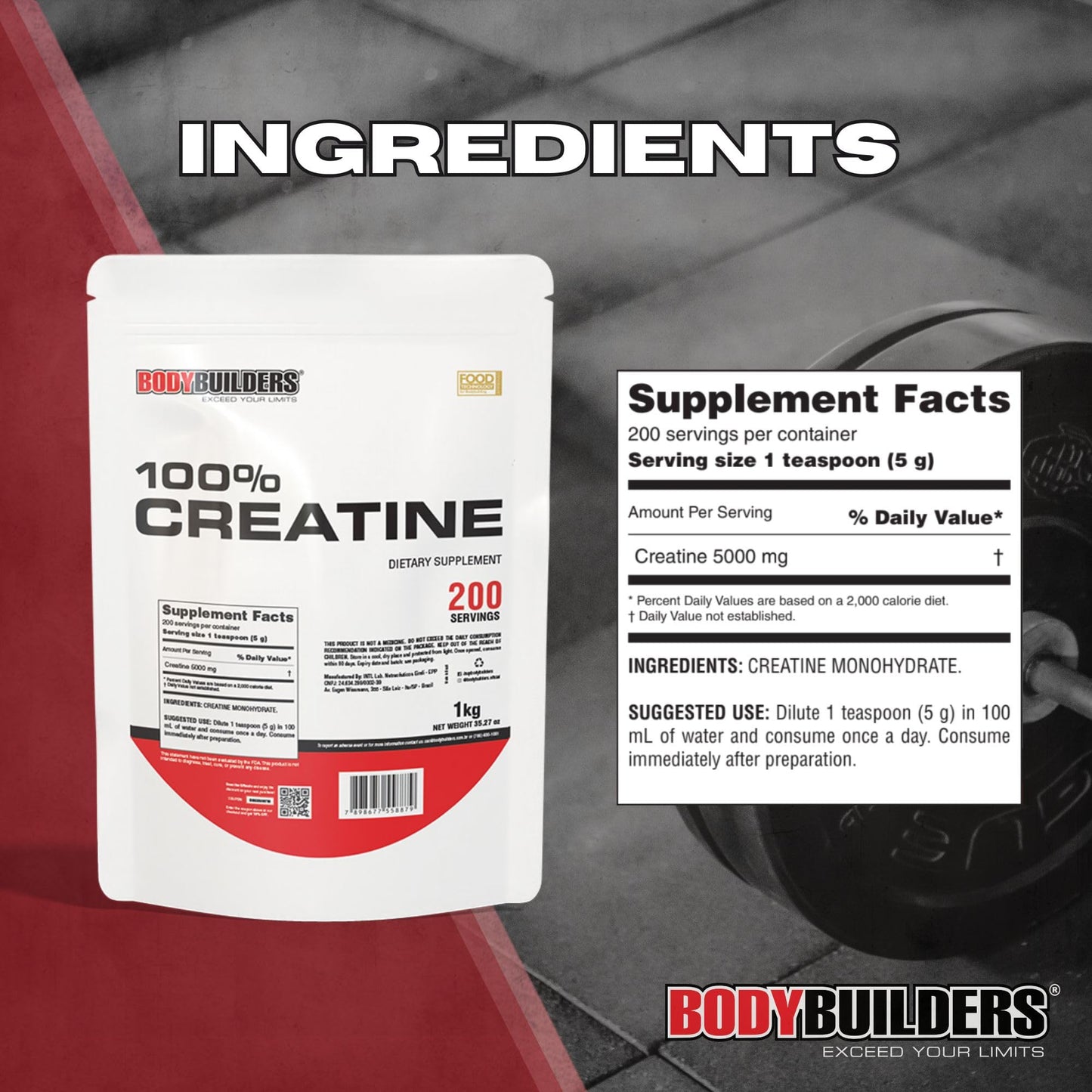 BODY BUILDERS 100% Creatine Powder, Unflavored, 200 Servings
