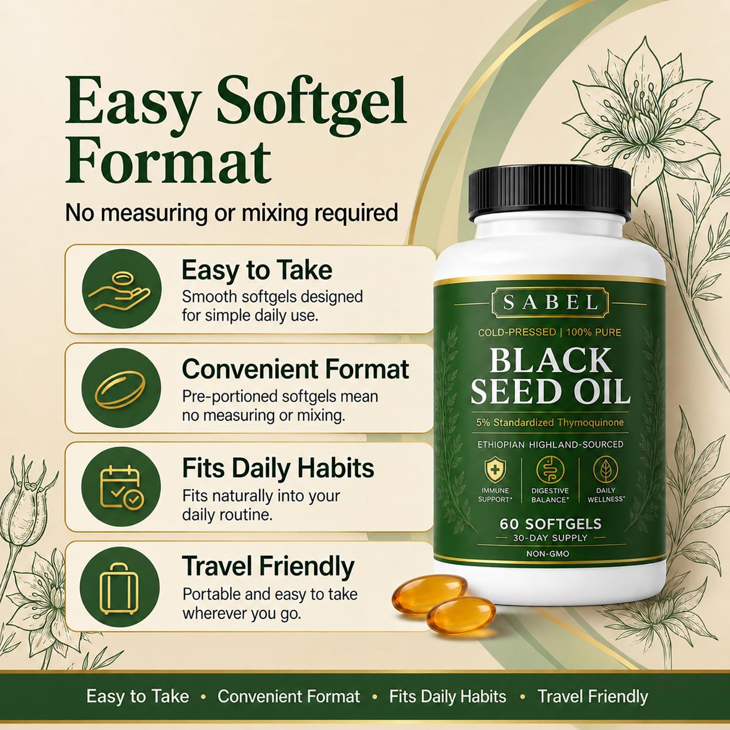 Sabel Ethiopian Black Seed Oil Softgels, 60 Count