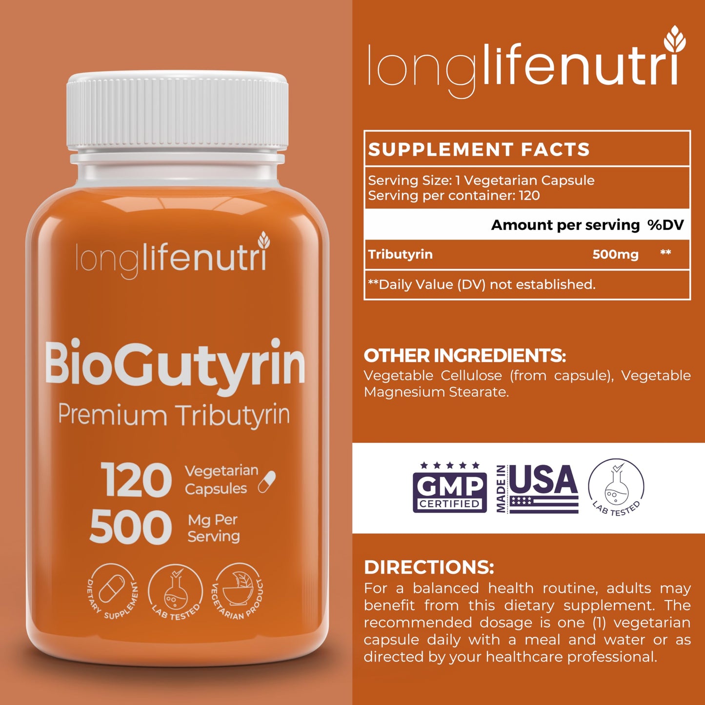 LongLifeNutri BioGutyrin Tributyrin 500mg, Postbiotic Supplement for Gut Function & Nutrient Absorption, Butyric Acid for Butyrate Production, Capsules, 120 Count