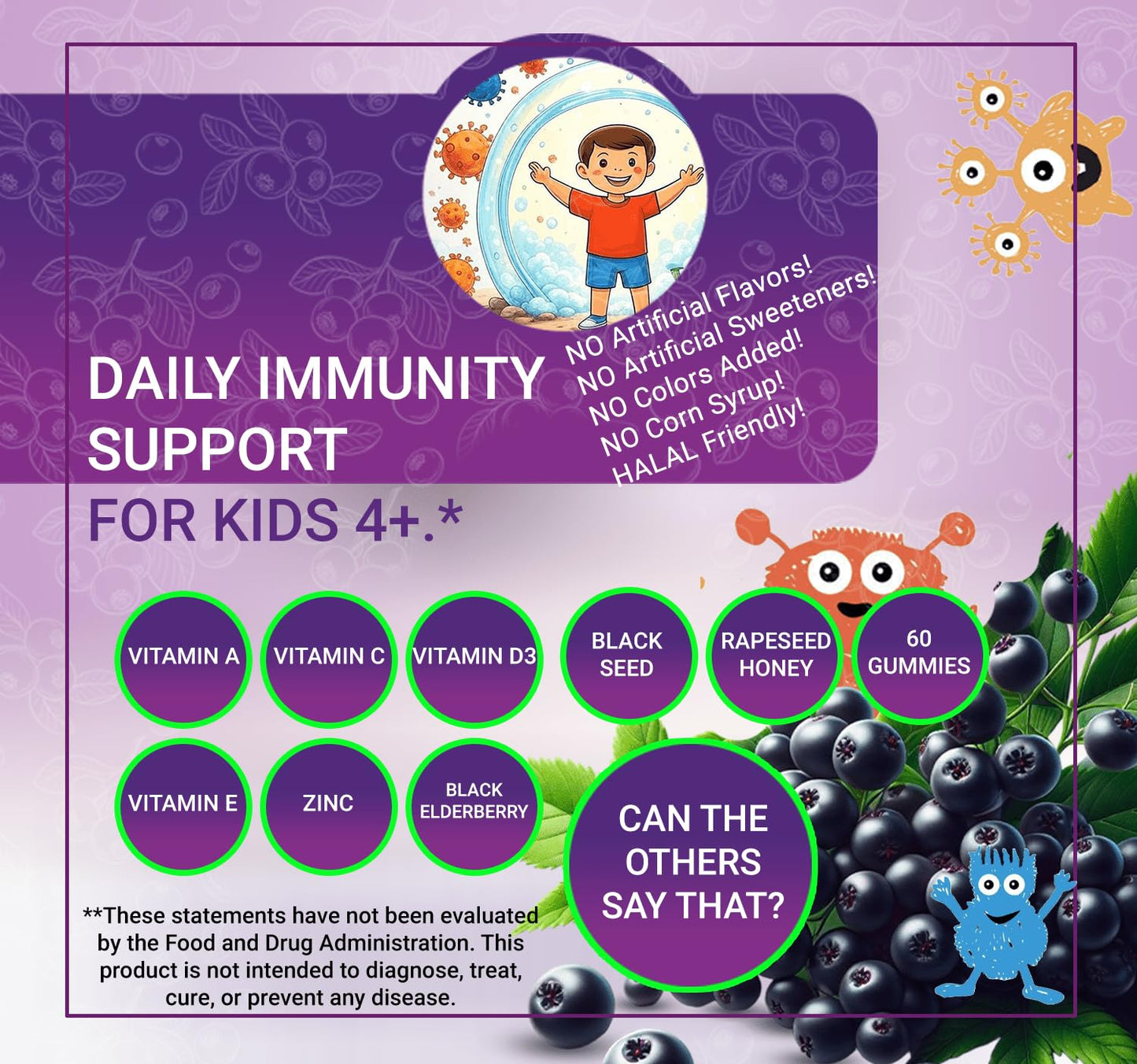 DYMA Elderberry Gummies for Kids 8-in-1, Black Seed Oil Gummies With Multivitamins A, C, D3, E, Zinc, Black Elderberry, Berry Blast Flavor, Non-GMO, No Corn Syrup, Gluten Free, 60 Gummies