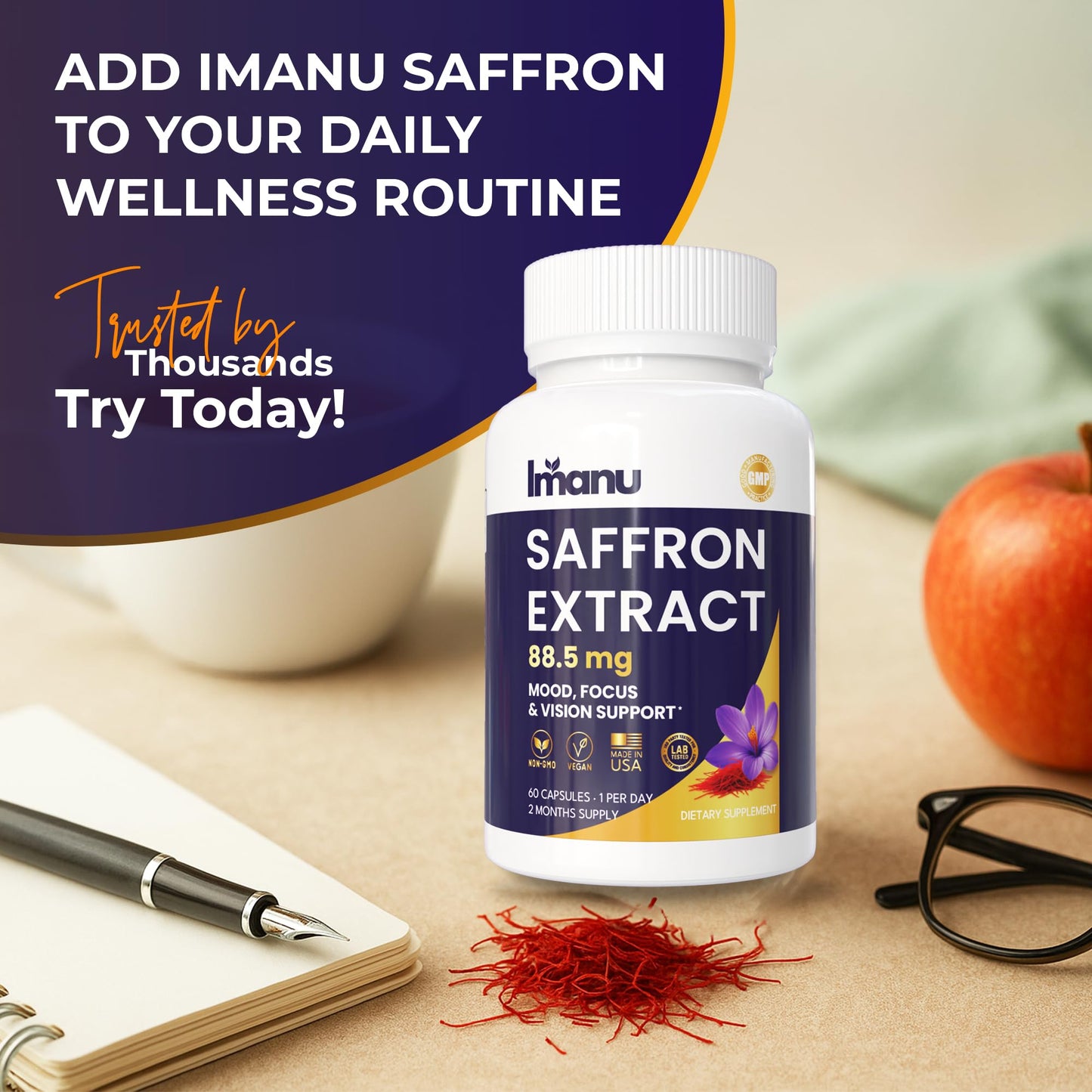 Imanu Saffron Extract 88.5mg Mood and Cognitive Support for Women, Capsules, 60 Capsules