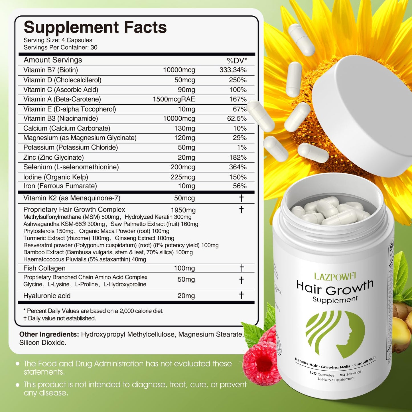 Lazpowfi Hair Growth Supplement with Biotin 10000mcg, 32-in-1 Vitamins & Minerals, 120 Capsules
