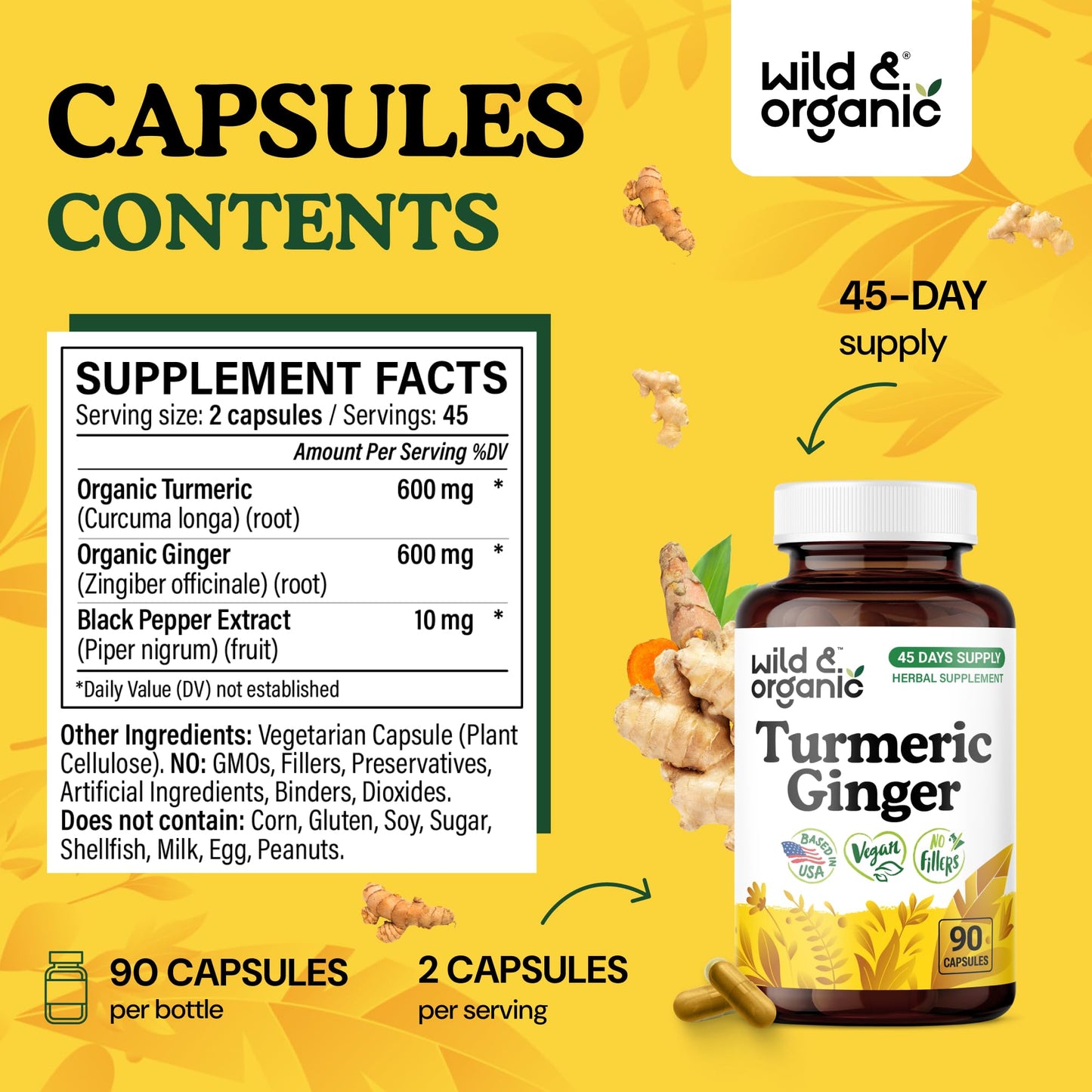 Wild & Organic Turmeric and Ginger Capsules 90 Count