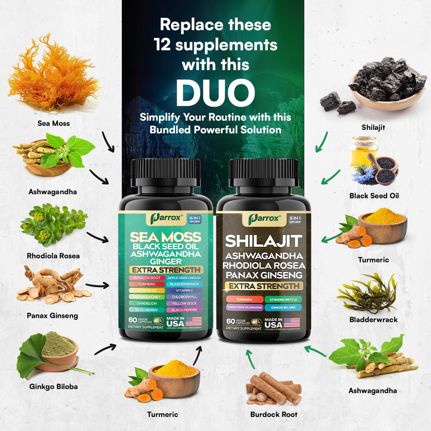Parrox Shilajit & Sea Moss Bundle, Black Seed Oil & Ashwagandha, Dynamic Vitality Capsules 120