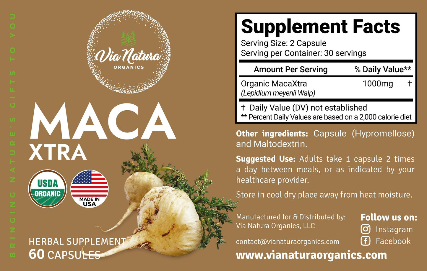 Via Natura Organics Maca Xtra 1000mg Capsules, 60 Count