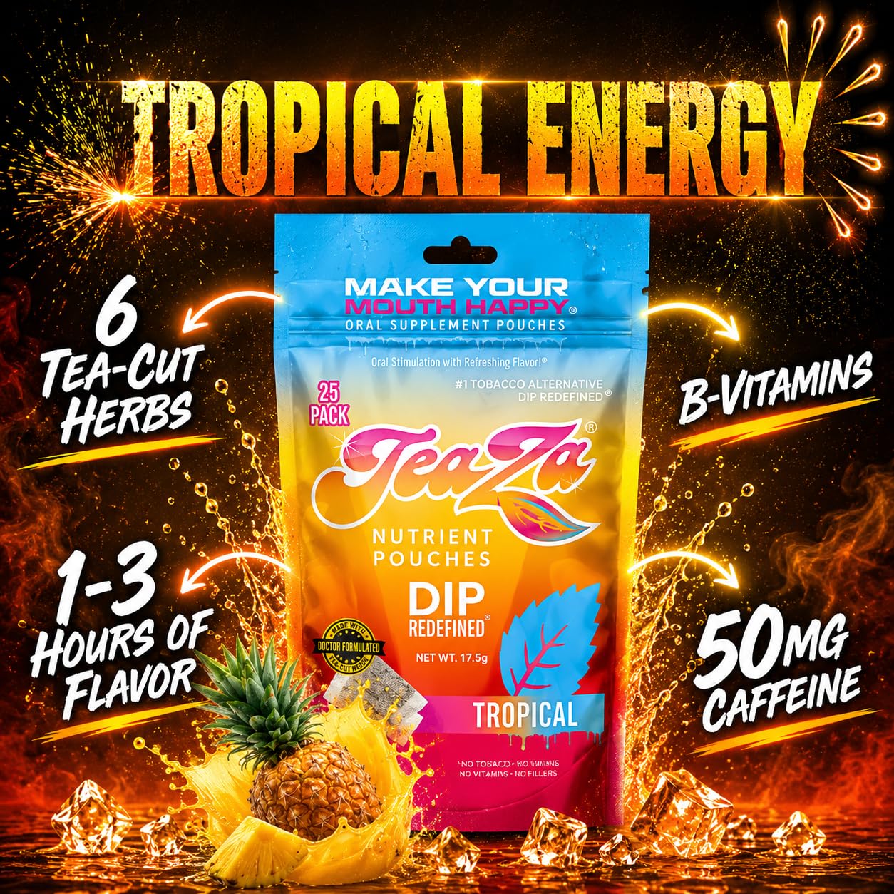 TeaZa Energy Pouches Tropical Chewables, 100 Count