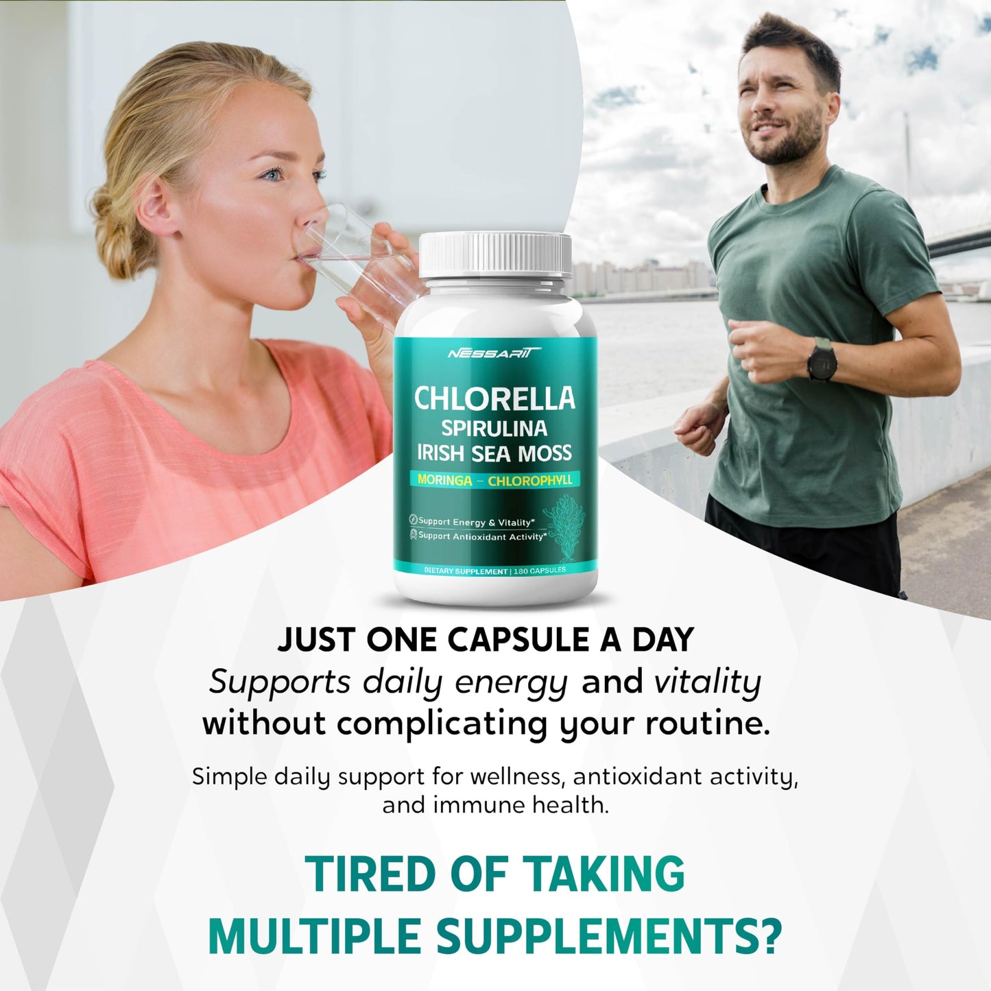 NESSARIT Chlorella, Spirulina, Irish Sea Moss, Moringa & Chlorophyll Capsules, 180 Capsules