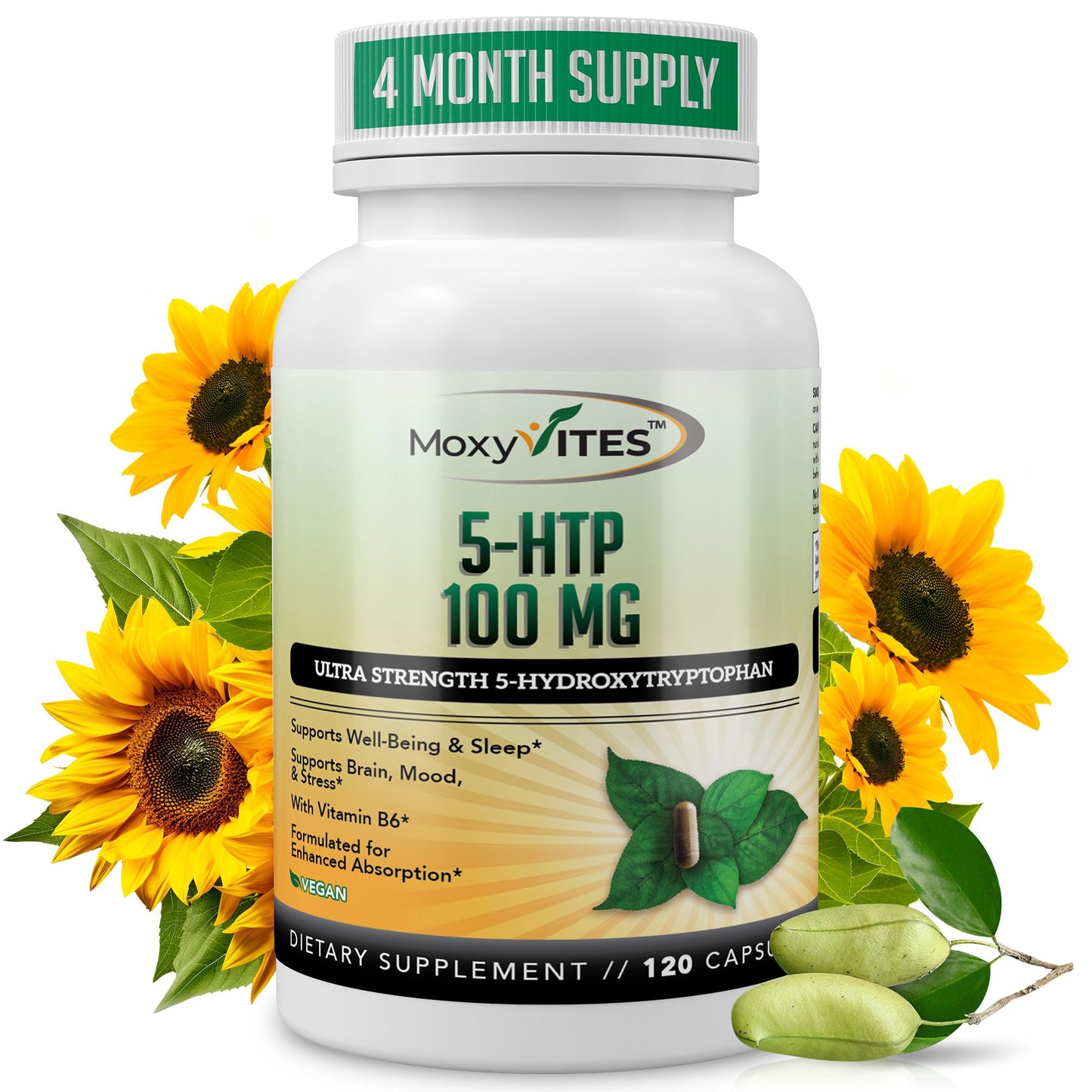 MoxyVites 5HTP 100mg Supplement with B6, Organic Whole Food, Non-GMO, 120 Vegan Capsules