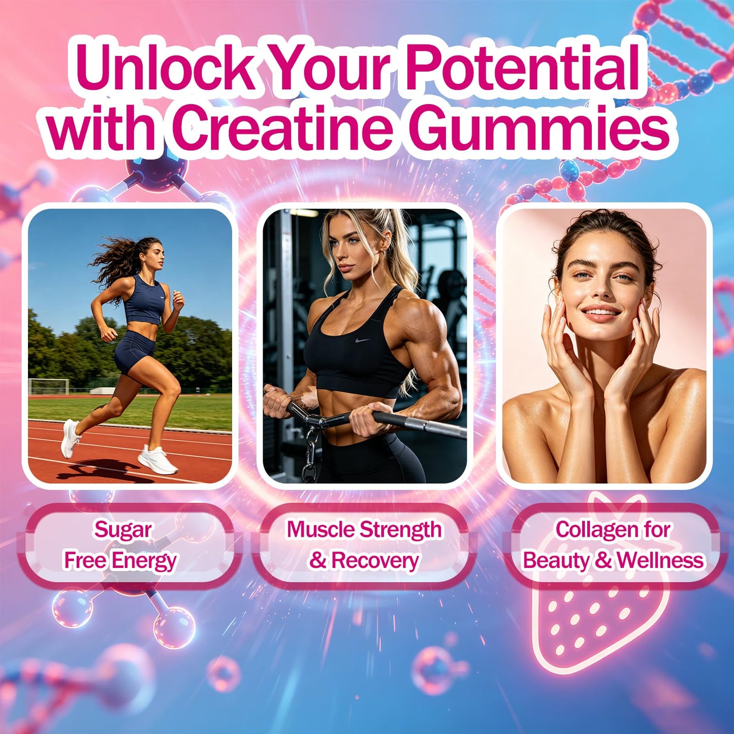 Garlicoccc Sugar Free Creatine for Women, Creatine Monohydrate Gummies with Collagen, Energy Creatine Supplement for Muscle Strength, Strawberry Flavor, 60 Gummies