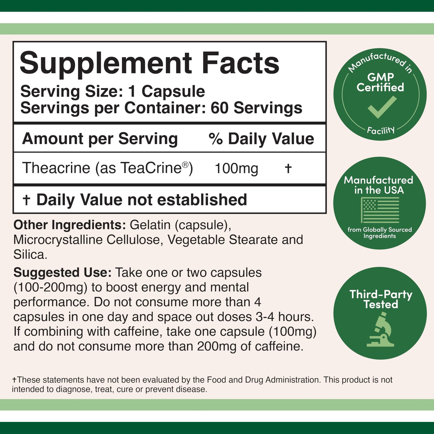 Double Wood Supplements Theacrine (Teacrine) 100 mg Capsule, 60 Count