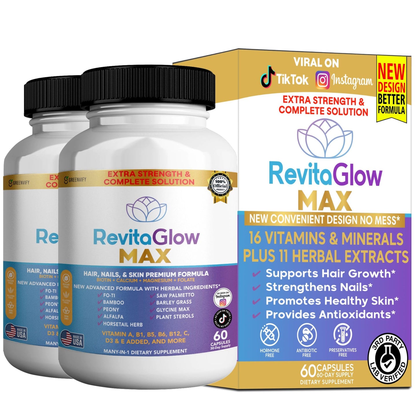 GREENVIFY RevitaGlow Max Hair, Nails & Skin Premium Formula, 60 Capsules