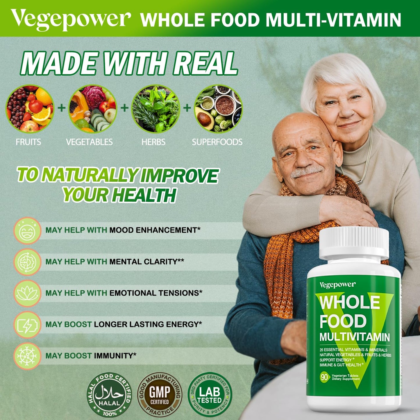 VEGEPOWER Whole Food Multivitamin + Iron Gummies 90 Count