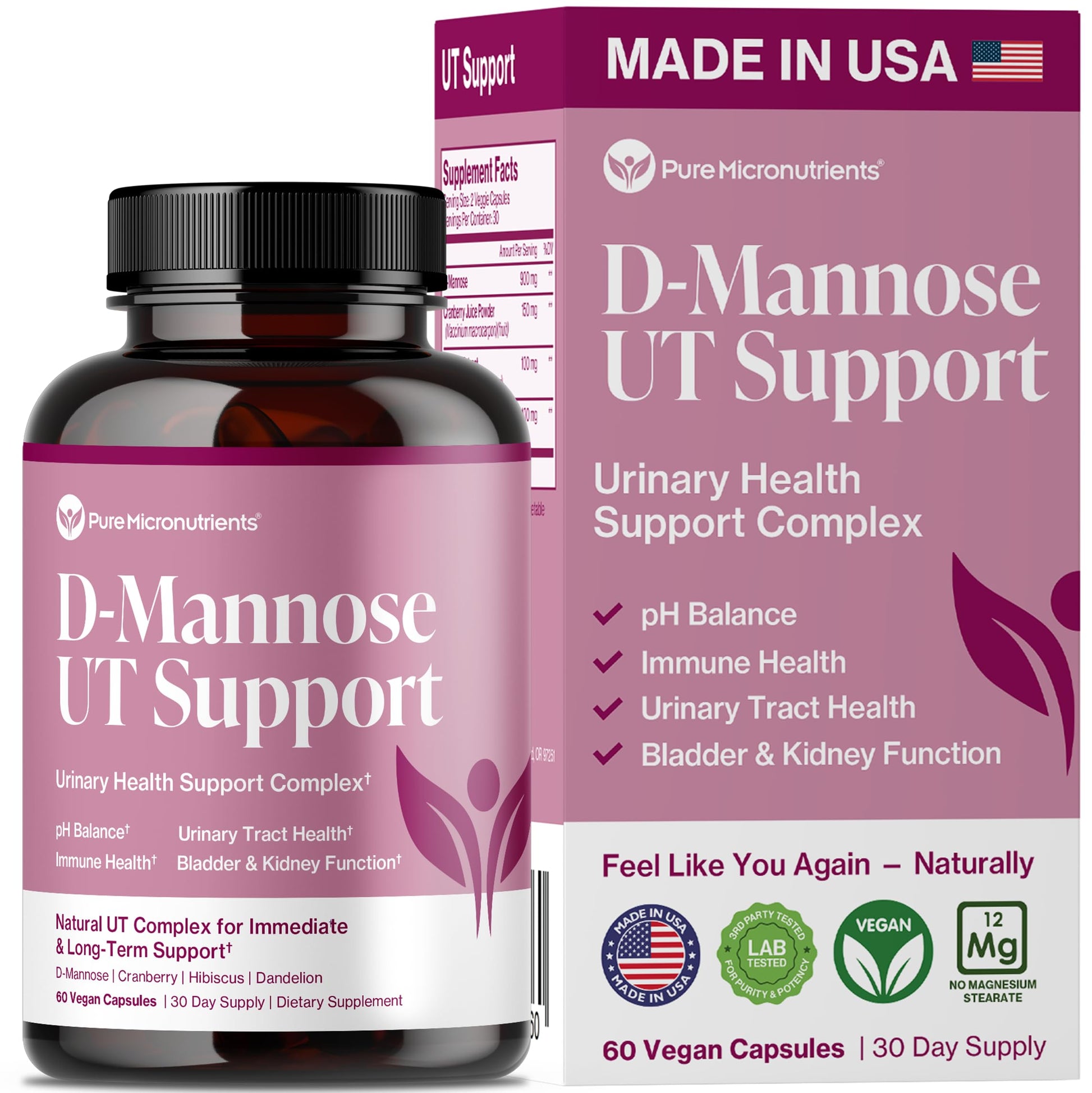 Pure Micronutrients D-Mannose Capsules 900mg Per Serve - Fast Acting UTI Support - Urinary Tract Cleanse & Bladder Health - Cranberry, D-Mannose, Dandelion, Hibiscus Flower, 60 Capsules