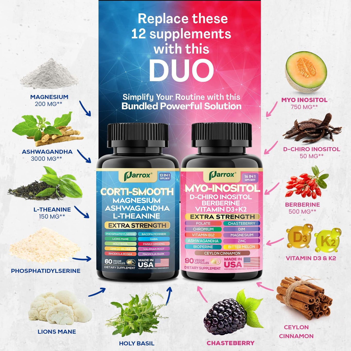 Parrox Cortisol & Myo-Inositol Bundle, GABA & Berberine, Soothe & Smooth Capsules, 450 Count