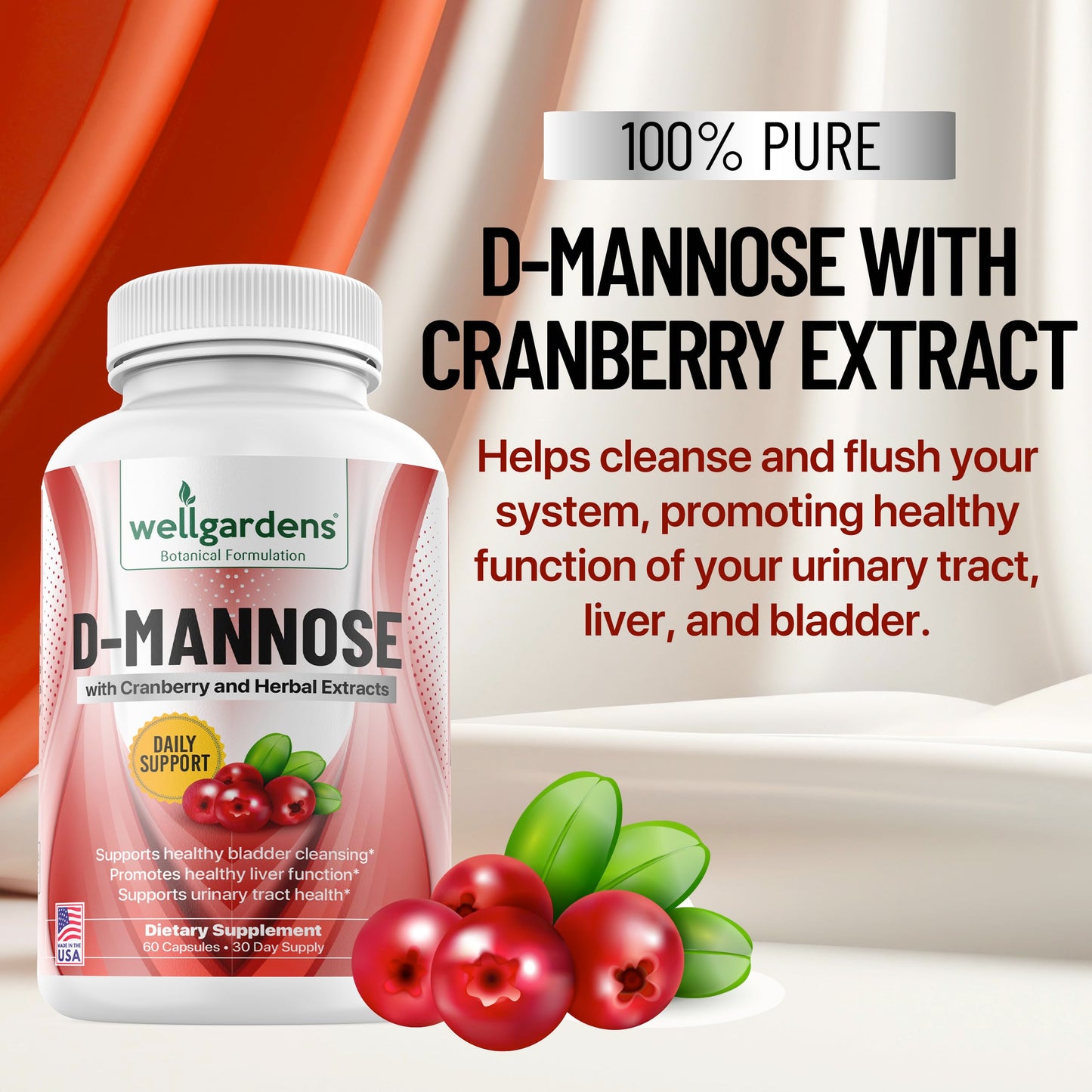 Wellgardens D-Mannose 1000mg Capsules with Cranberry, Hibiscus and Dandelion, Urinary Tract Health Support, 60 Capsules