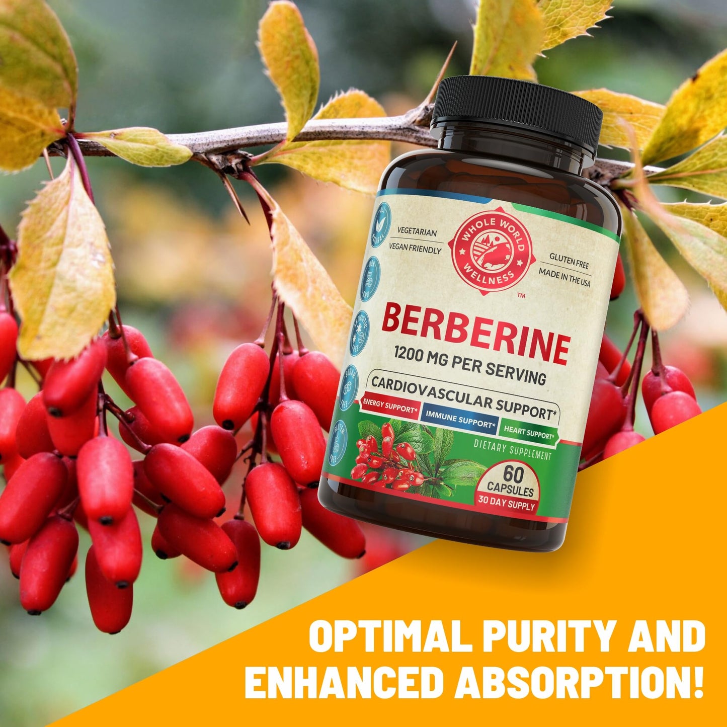 WHOLE WORLD WELLNESS Berberine 1200mg Herbal Health Capsules, 60 Count