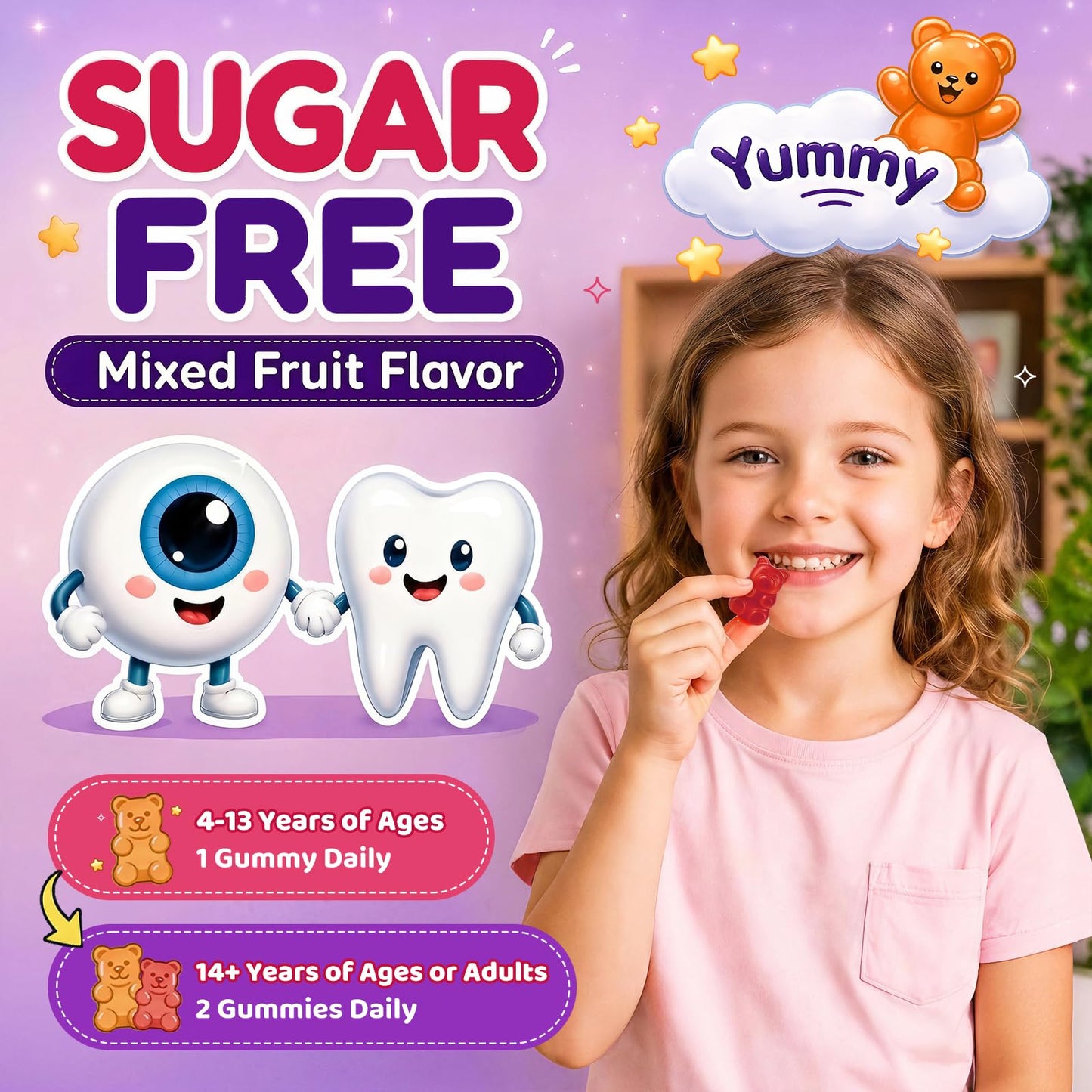 GZ HAOYUAN Magnesium Glycinate Gummies for Kids 4+ Sugar Free Mixed Fruit Flavor with Multivitamin, Lutein, L-Theanine, Supports Sleep, Stress Relief, Muscle Health, Eye, Calm Mood, 120 Gummies