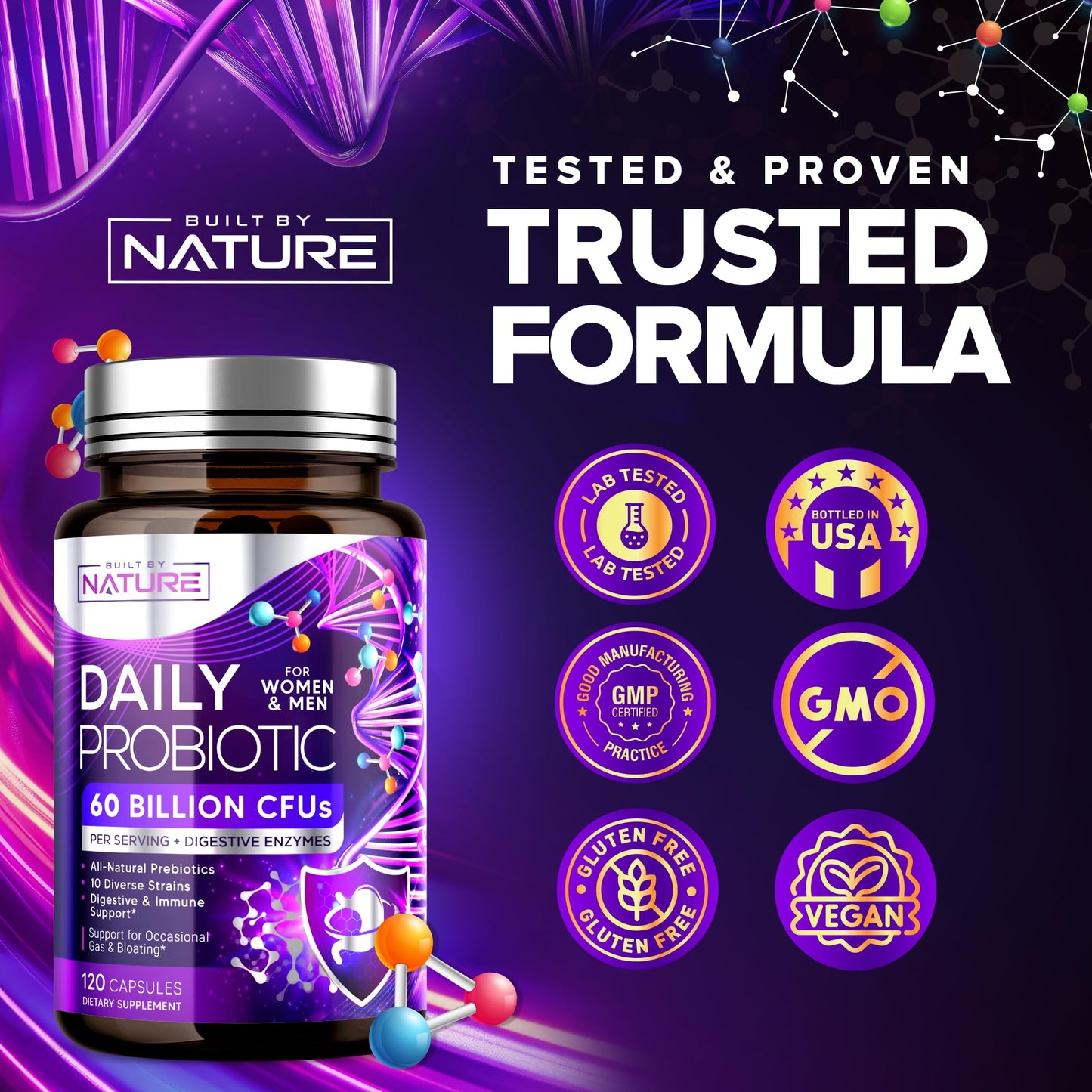 Built by Nature Probiotic for Women & Men – 60 Billion CFU, 10 Strains + Prebiotics & Digestive Enzymes – Supports Digestive, Immune, Reduce Gas & Bloating – Shelf Stable, Non-GMO, 120 Capsules