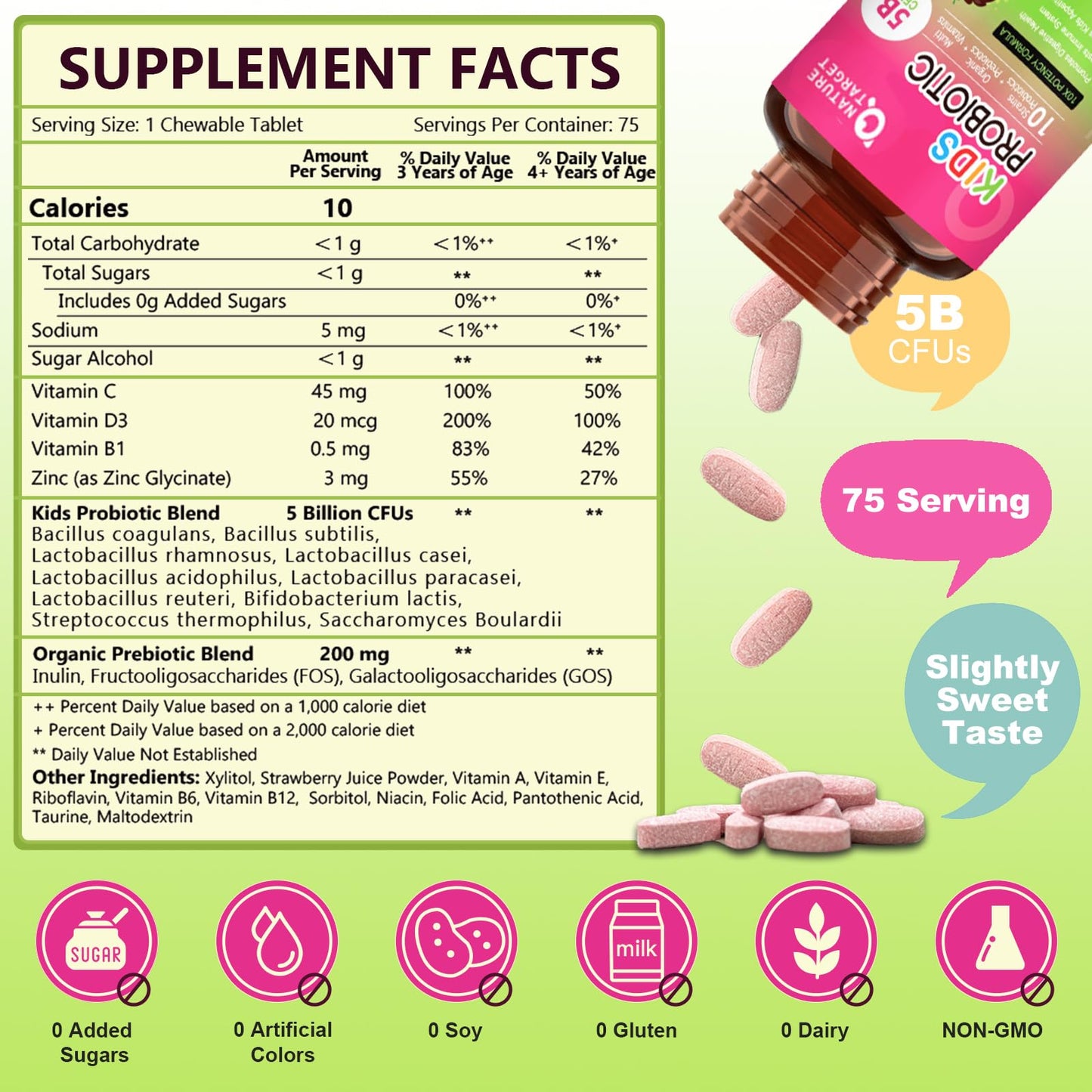 NATURE TARGET Kids Probiotic 5 Billion CFUs Tablet 75 Count