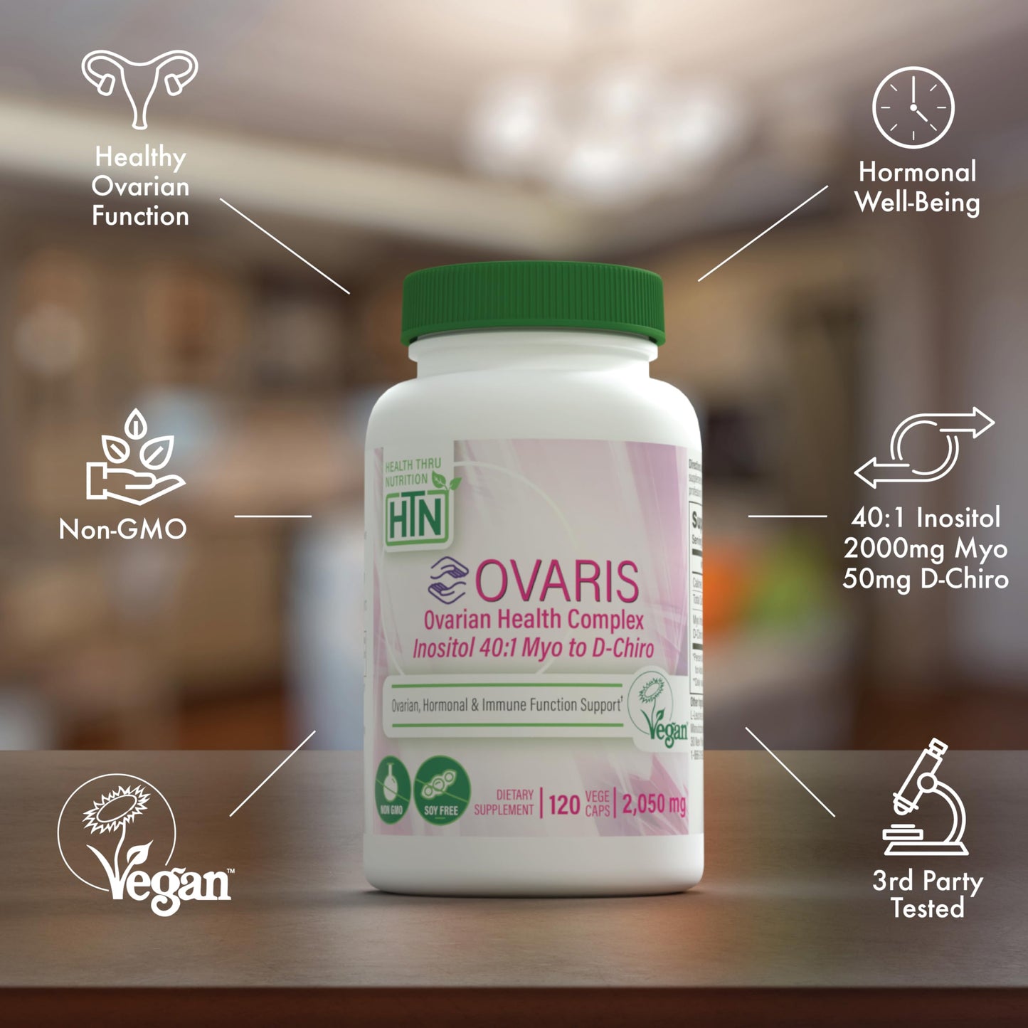 Health Thru Nutrition OVARIS Ovarian Health Complex Inositol 40:1 Myo to D-Chiro Capsule 120 Count