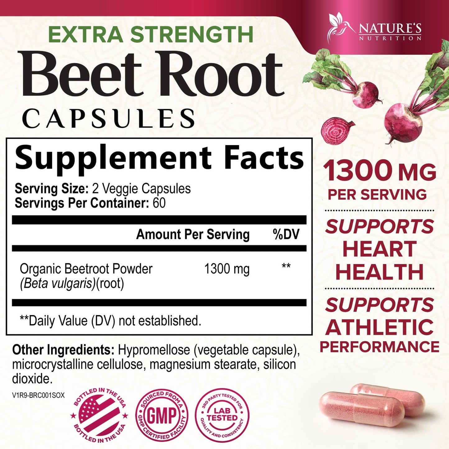 Nature's Nutrition Organic Beet Root 1300mg per Serving Extra Strength Beetroot Powder Supplement 120 Capsules