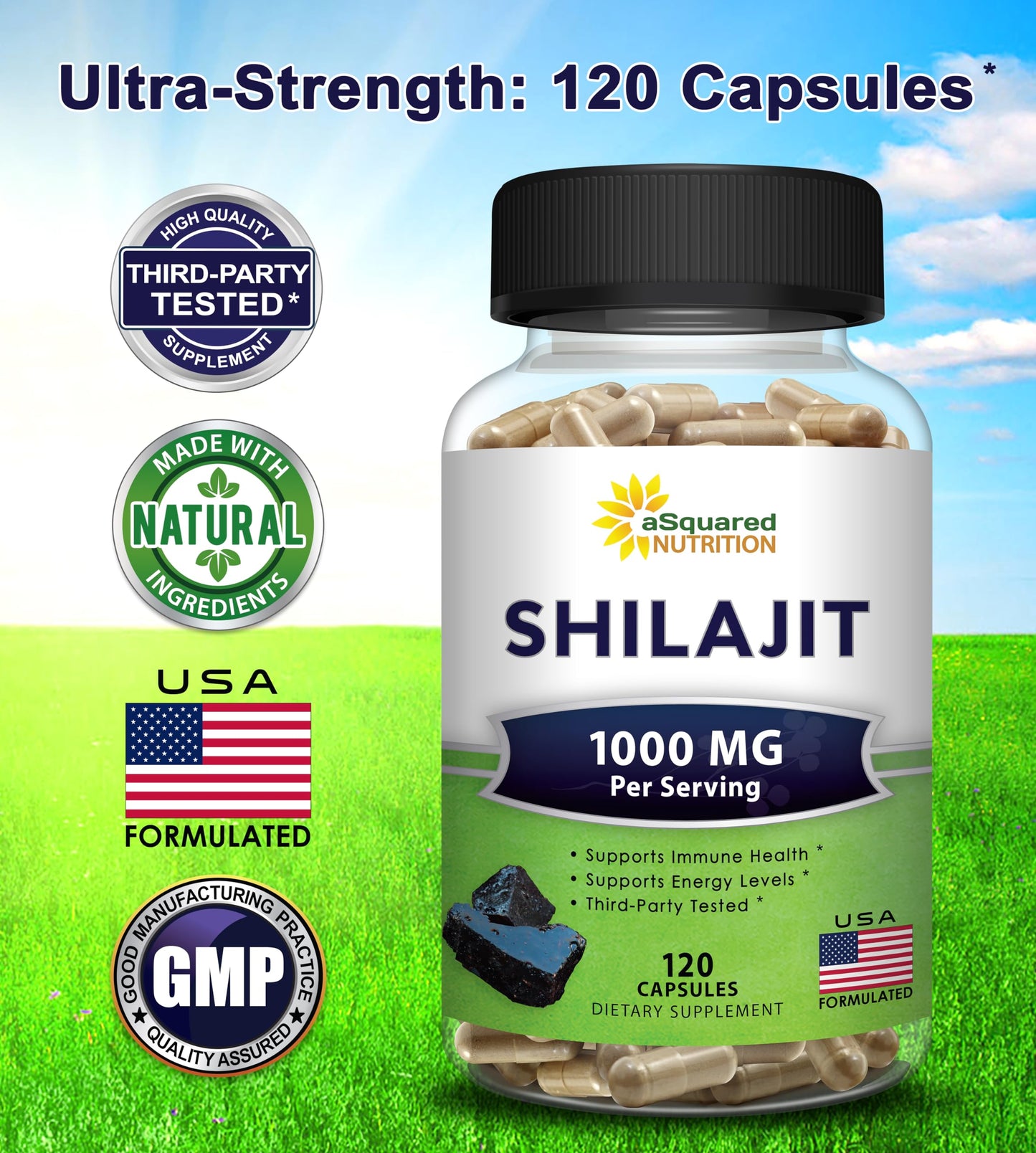 aSquared Nutrition Shilajit 1000mg Capsules, 120 Count