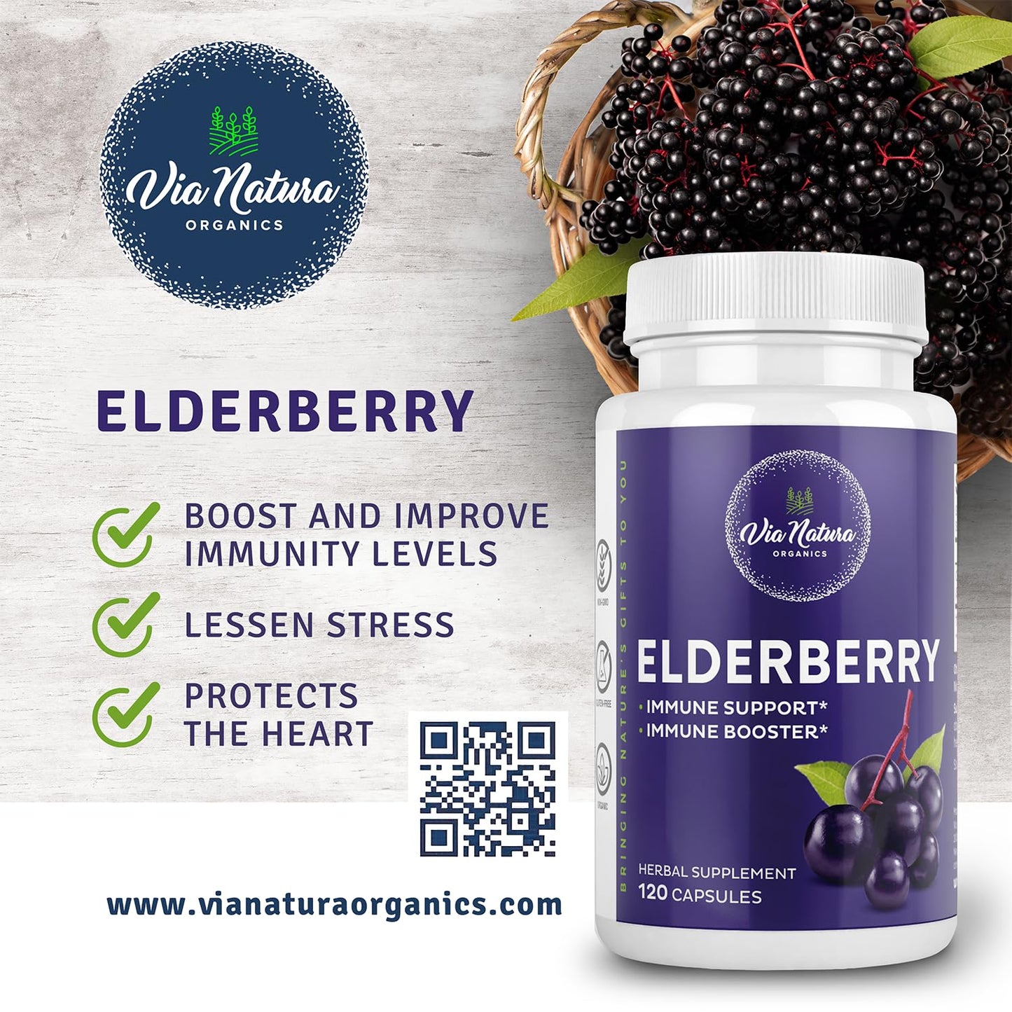 Via Natura Organics Elderberry 1000mg, 120 Capsules