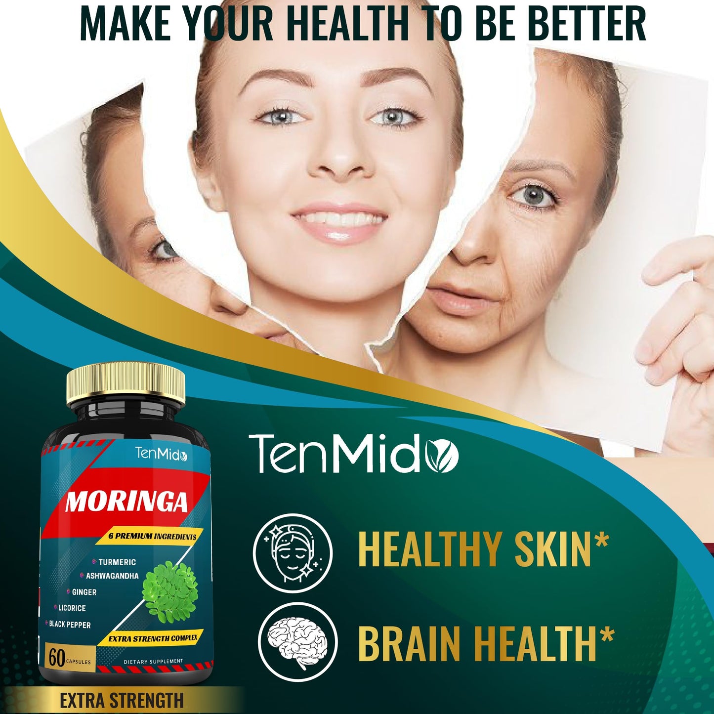 Tenmido Moringa Capsules with Turmeric, Ashwagandha, Ginger, Licorice & Black Pepper, Immune Support & Energy Booster, 120 Capsules