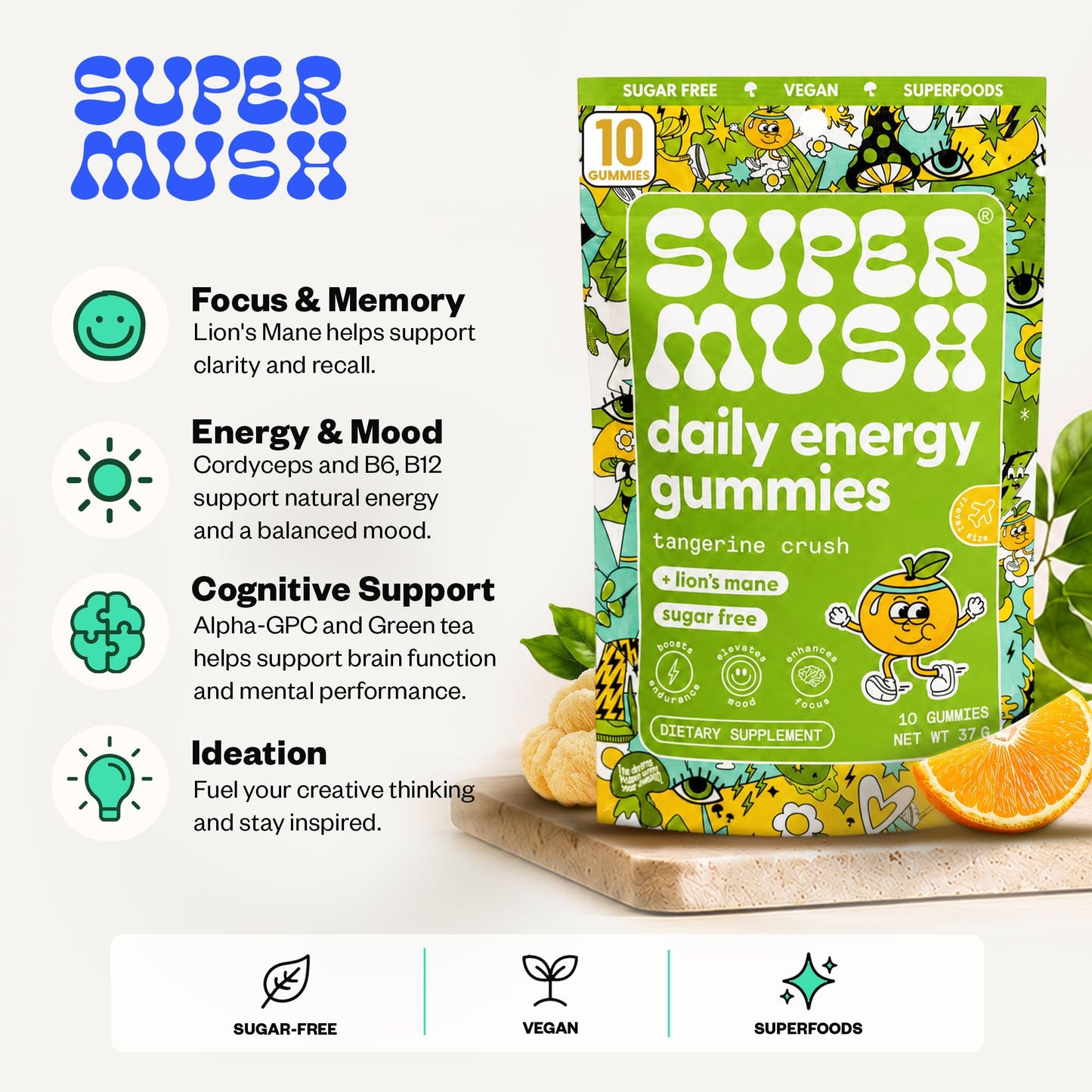 SuperMush Daily Energy Gummies - Lion's Mane & Cordyceps, 10 Count