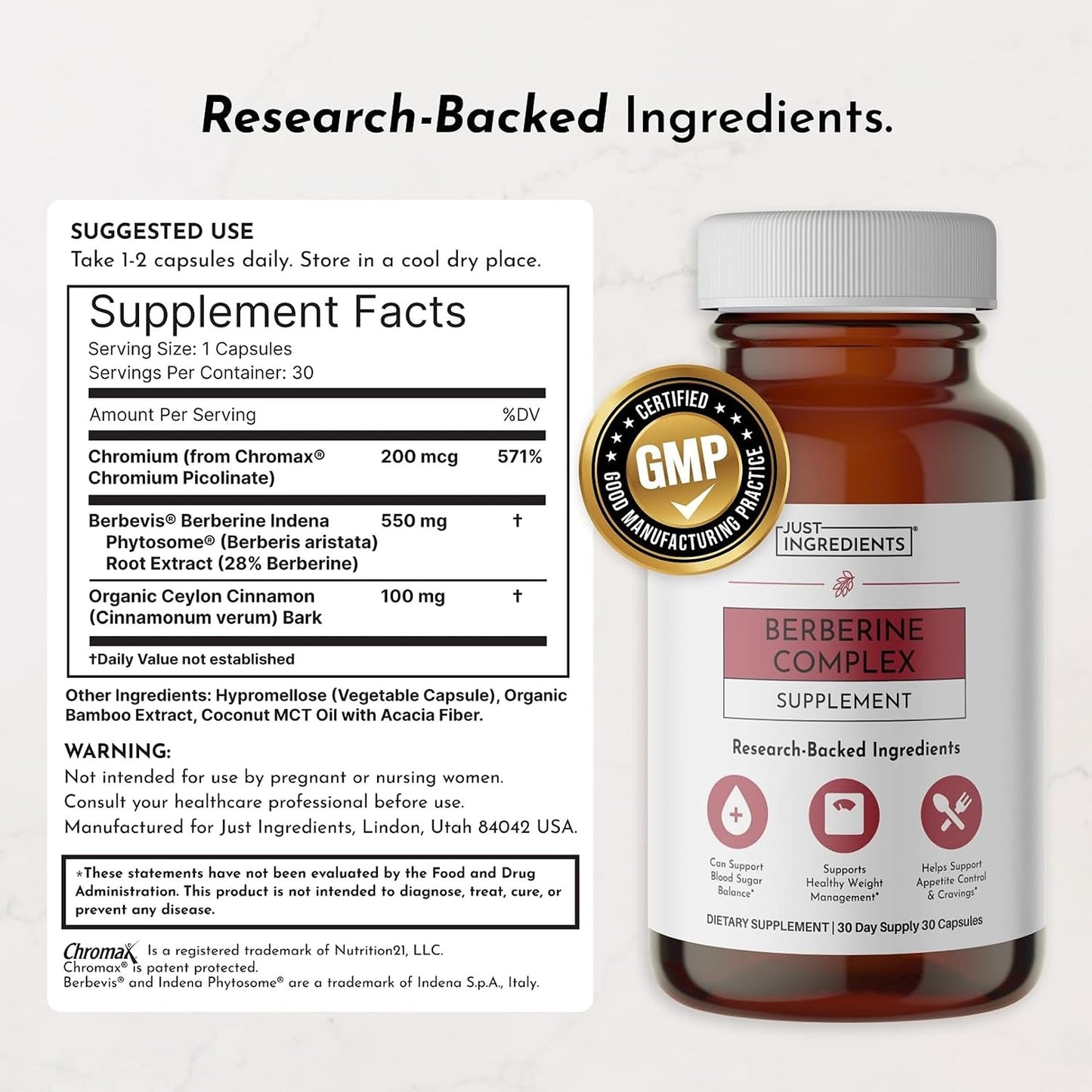 JUST INGREDIENTS Berberine Supplement Capsules 30 Count