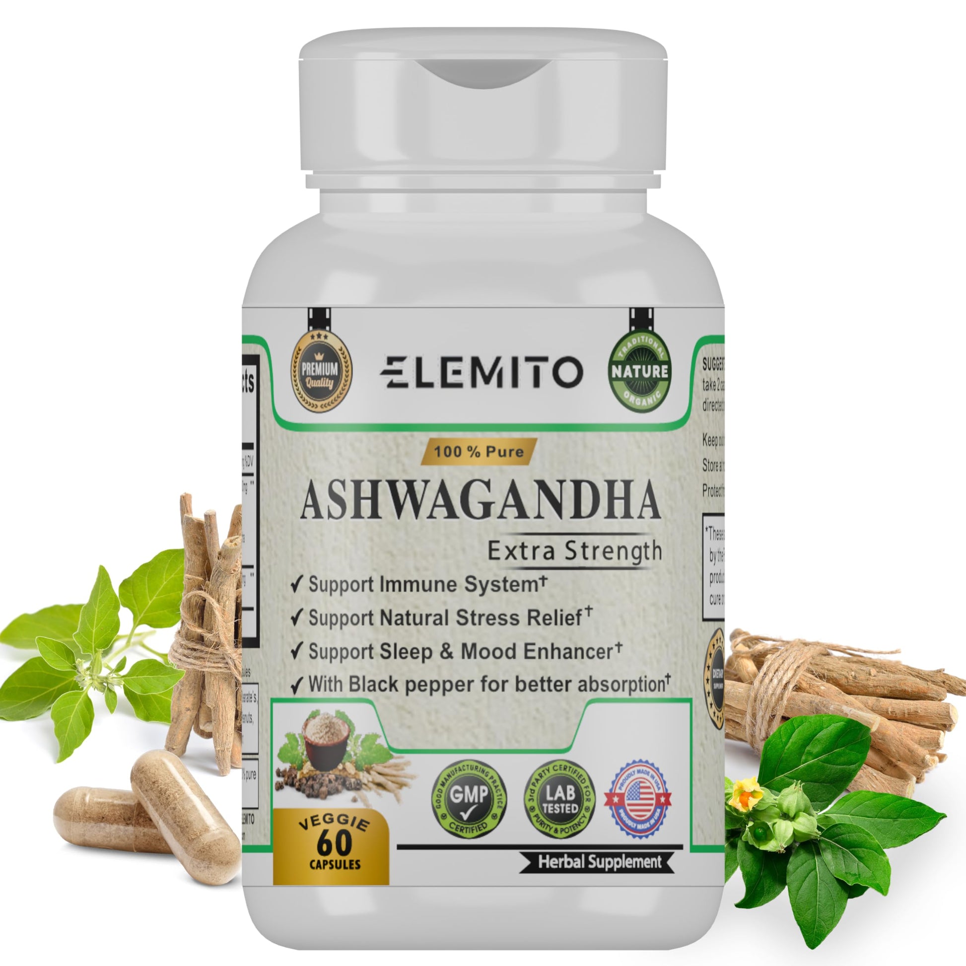 ELEMITO Ashwagandha Extra Strength 60 Capsules