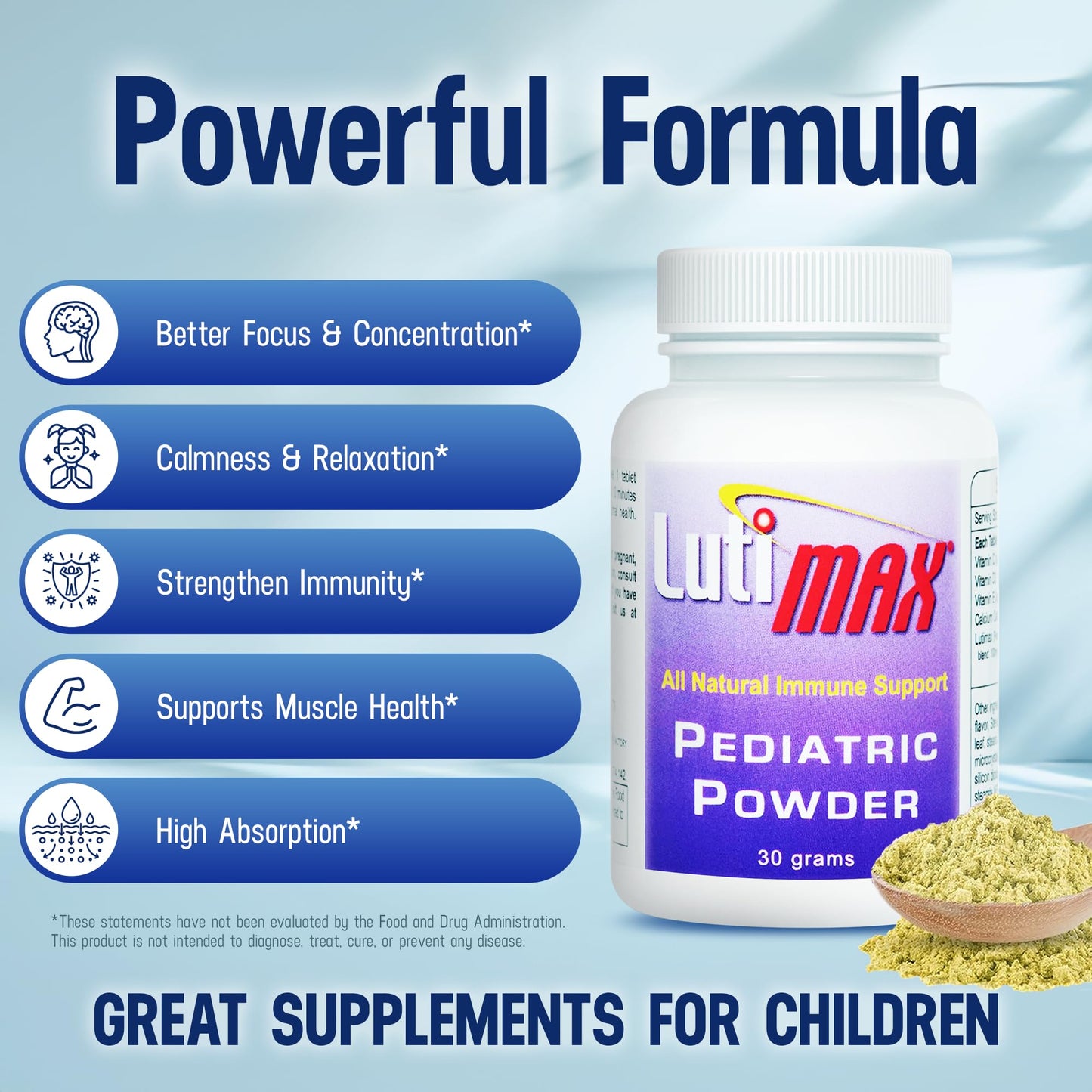 Luti Lutimax Pediatric Powder Brain Supplement with Luteolin & Rutin for Kids - Memory, Focus, Muscle & Immune Support Brain Supplements - Nootropic Antioxidants, 60 Servings