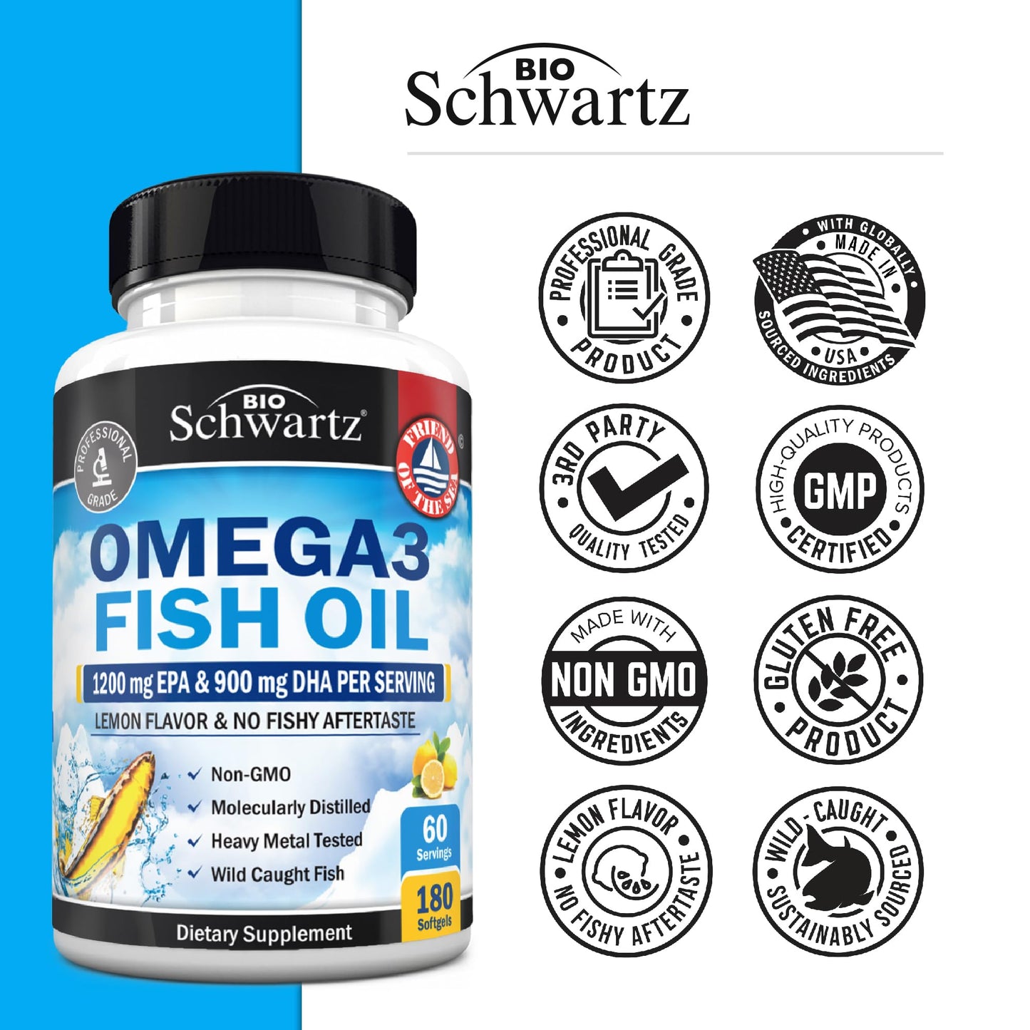 BioSchwartz Triple Strength Omega-3 Fish Oil 3000mg Softgels, 180 Count