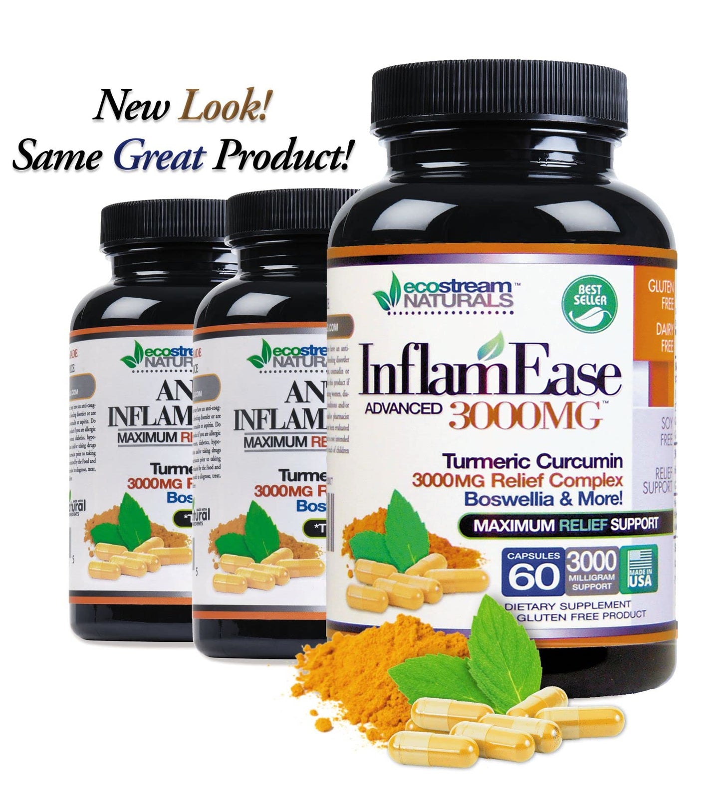 ecostream Naturals InflamEase with Turmeric, Curcumin, Enzymes and Boswellia Capsules, 180 Capsules