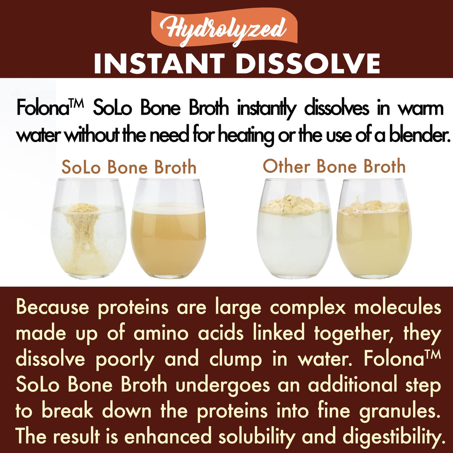 FOLONA Solo Bone Broth Protein Collagen Powder Low Sodium 16 g Hydrolyzed Collagen Type I & III