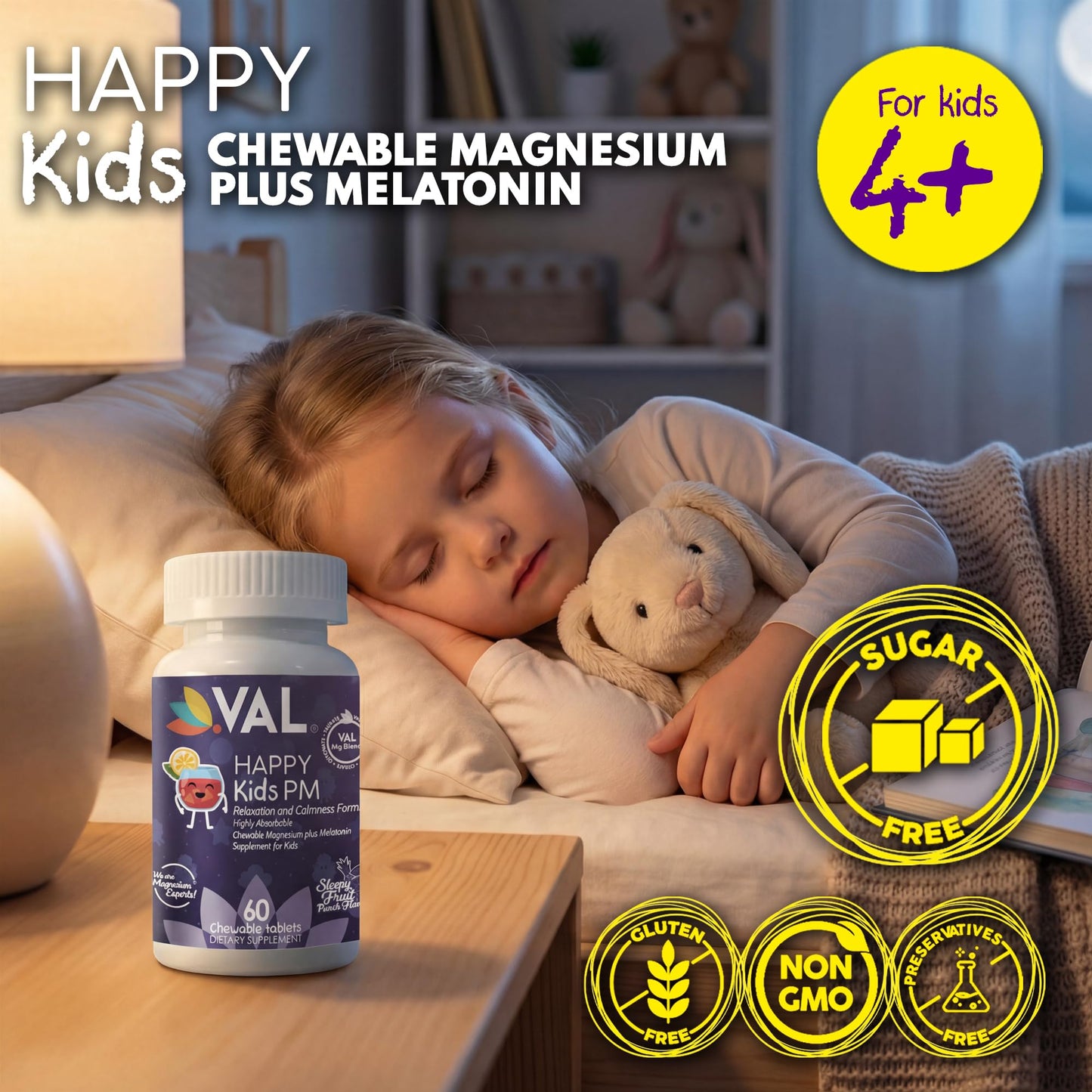 VAL Happy Kids PM Sugar-Free Chewable Magnesium with Melatonin Sleep Support for Children Magnesium Glycinate + Citrate + Taurate B6 C Fruit Punch 60 Tablets